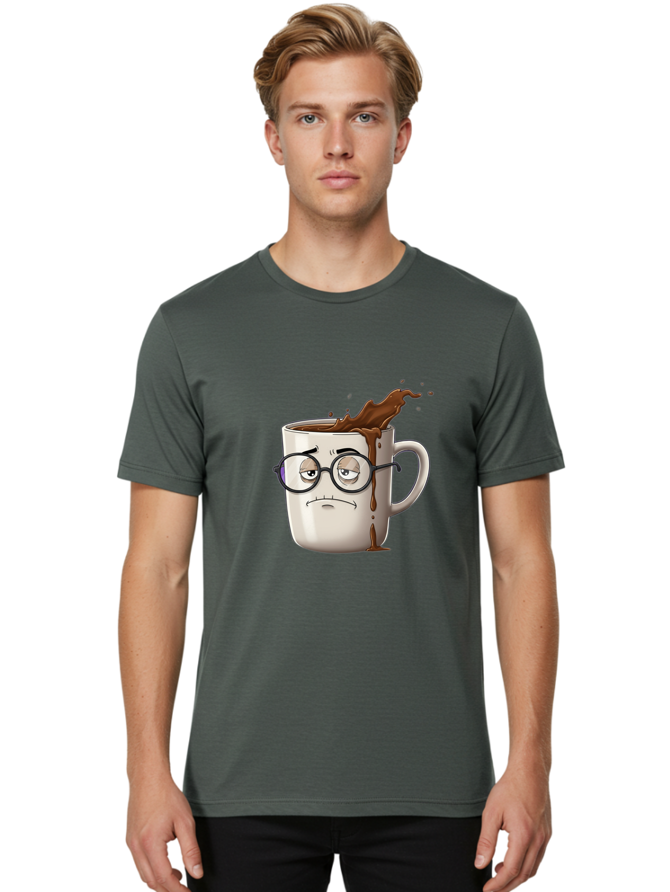 Frowning-Coffee-Mug Men'S Graphic Tee, 100% Cotton, Comfortable Casual Summer Wear, Machine Washable, Unhappy Coffee Cup, Messy Spill, Brown Liquid Splashing, Coffee Stains, Sad Face, Glasses On Mug, Comical Character, Coffee Lover Bab935 24