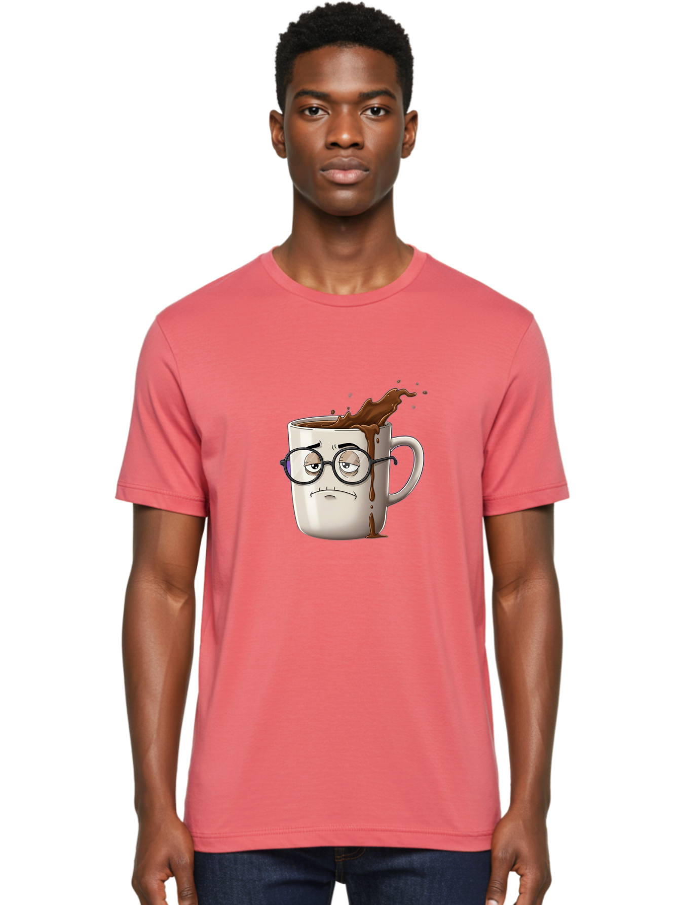 Frowning-Coffee-Mug Men'S Graphic Tee, 100% Cotton, Comfortable Casual Summer Wear, Machine Washable, Unhappy Coffee Cup, Messy Spill, Brown Liquid Splashing, Coffee Stains, Sad Face, Glasses On Mug, Comical Character, Coffee Lover Bab935 21