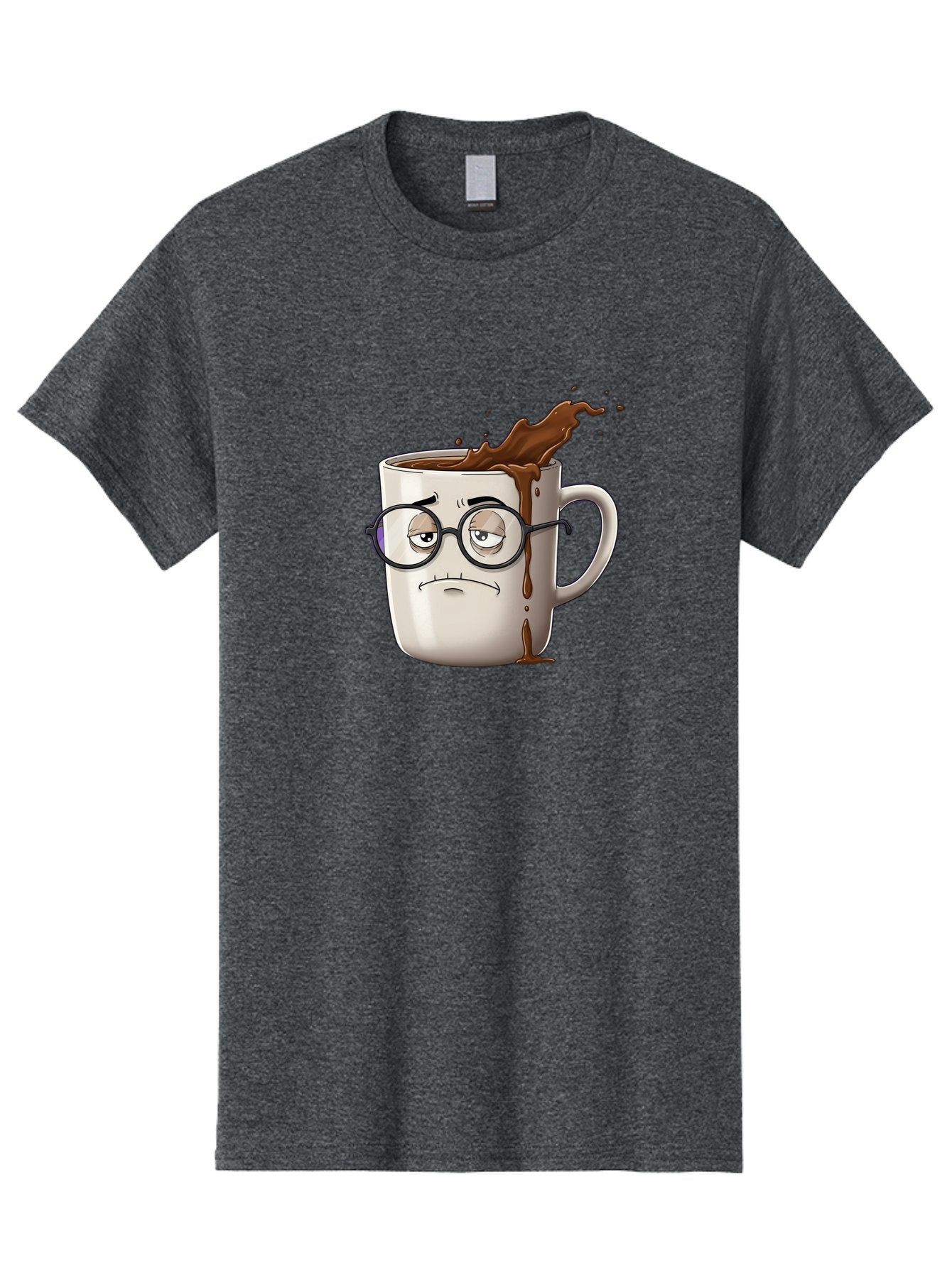 Frowning-Coffee-Mug Men'S Graphic Tee, 100% Cotton, Comfortable Casual Summer Wear, Machine Washable, Unhappy Coffee Cup, Messy Spill, Brown Liquid Splashing, Coffee Stains, Sad Face, Glasses On Mug, Comical Character, Coffee Lover Bab935 10
