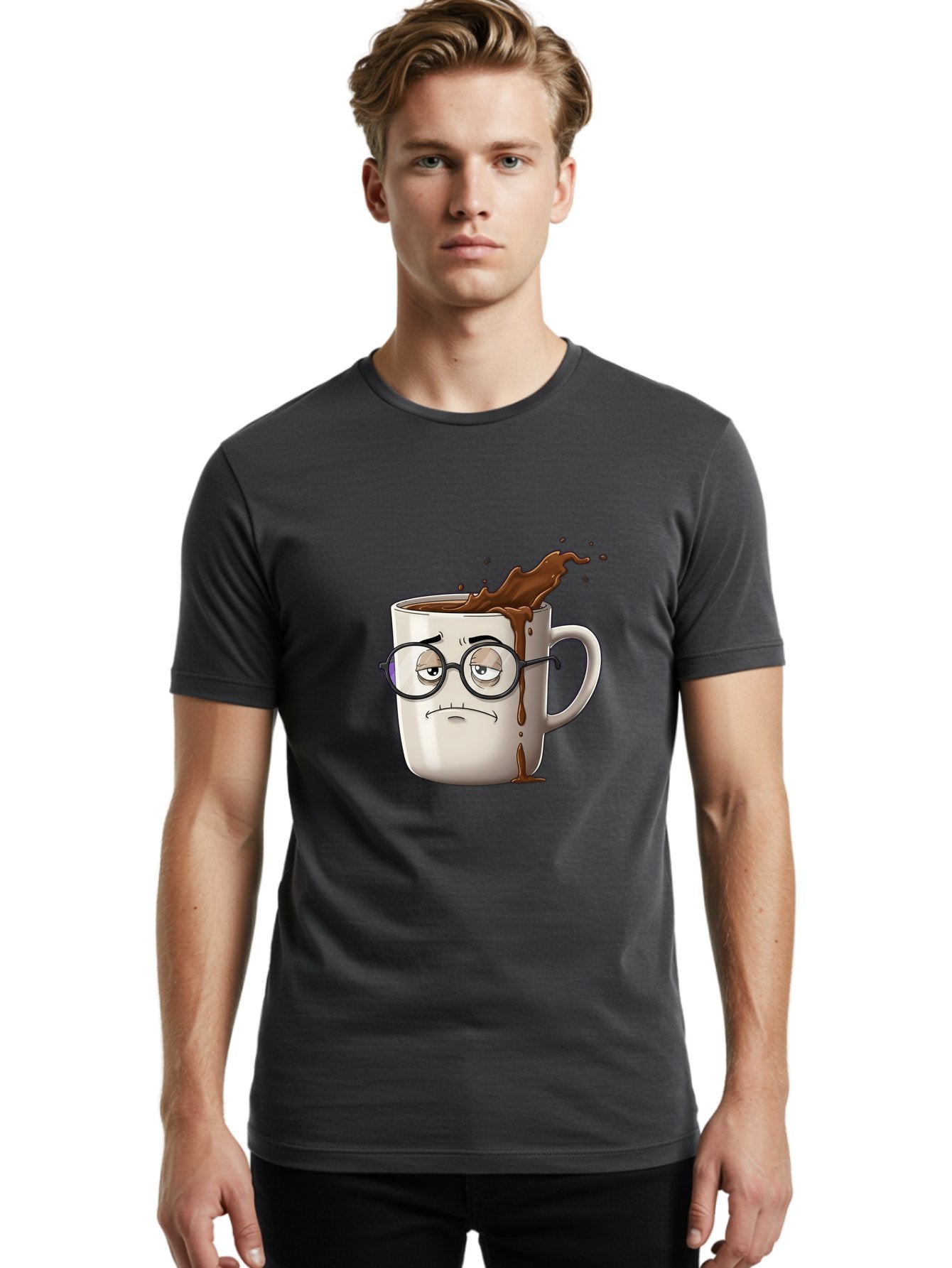Frowning-Coffee-Mug Men'S Graphic Tee, 100% Cotton, Comfortable Casual Summer Wear, Machine Washable, Unhappy Coffee Cup, Messy Spill, Brown Liquid Splashing, Coffee Stains, Sad Face, Glasses On Mug, Comical Character, Coffee Lover Bab935 17