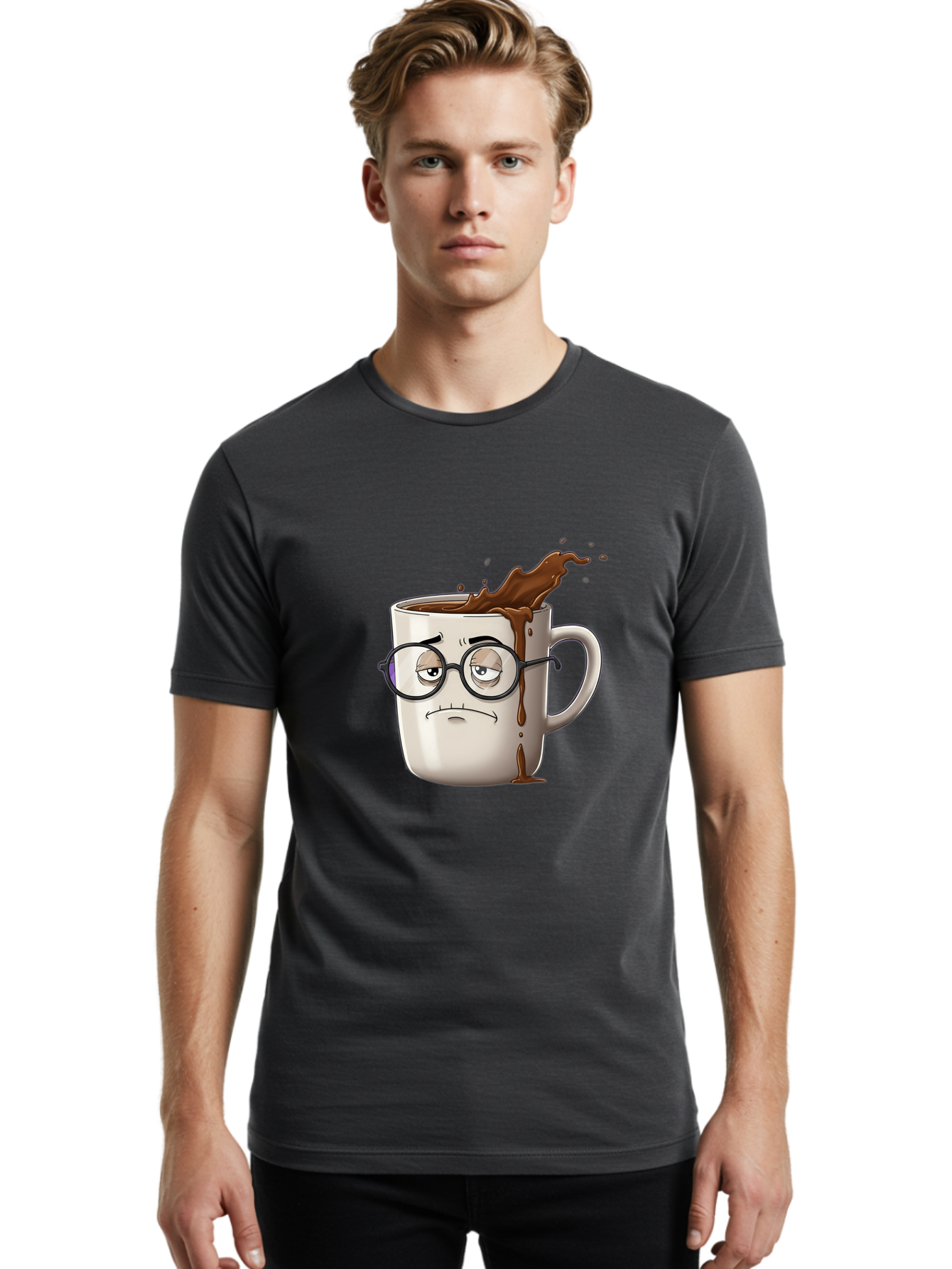 Frowning-Coffee-Mug Men'S Graphic Tee, 100% Cotton, Comfortable Casual Summer Wear, Machine Washable, Unhappy Coffee Cup, Messy Spill, Brown Liquid Splashing, Coffee Stains, Sad Face, Glasses On Mug, Comical Character, Coffee Lover Bab935 29