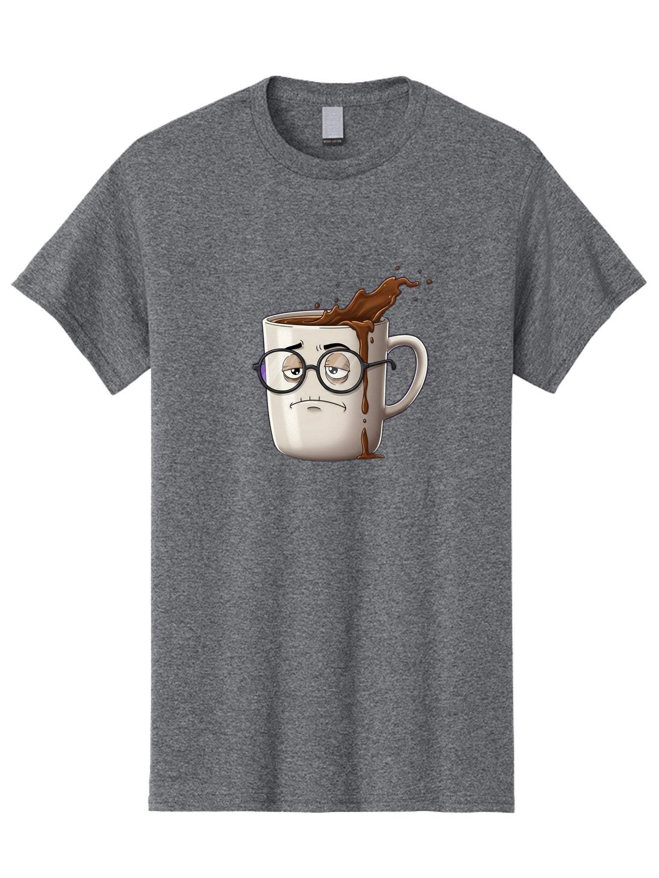 Frowning-Coffee-Mug Men'S Graphic Tee, 100% Cotton, Comfortable Casual Summer Wear, Machine Washable, Unhappy Coffee Cup, Messy Spill, Brown Liquid Splashing, Coffee Stains, Sad Face, Glasses On Mug, Comical Character, Coffee Lover Bab935