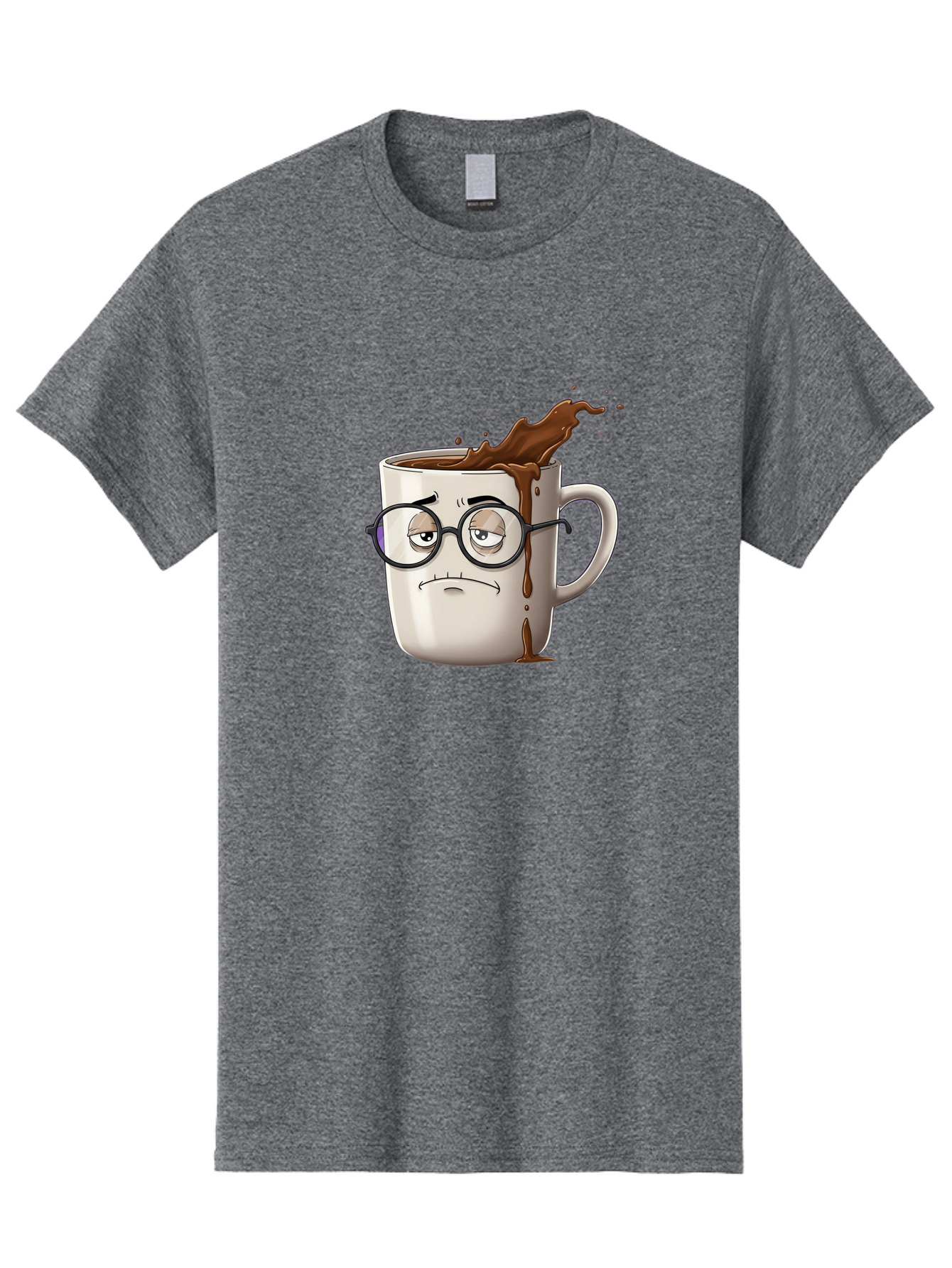 Frowning-Coffee-Mug Men'S Graphic Tee, 100% Cotton, Comfortable Casual Summer Wear, Machine Washable, Unhappy Coffee Cup, Messy Spill, Brown Liquid Splashing, Coffee Stains, Sad Face, Glasses On Mug, Comical Character, Coffee Lover Bab935 11