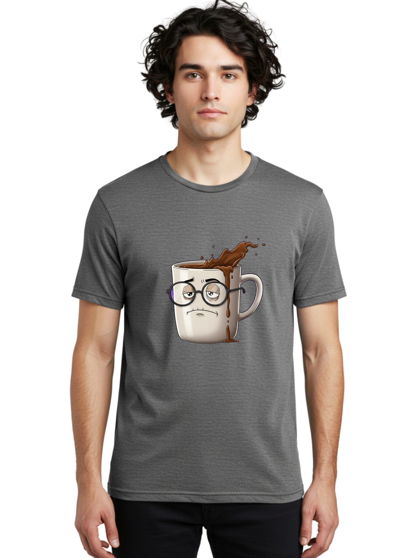 Frowning-Coffee-Mug Men'S Graphic Tee, 100% Cotton, Comfortable Casual Summer Wear, Machine Washable, Unhappy Coffee Cup, Messy Spill, Brown Liquid Splashing, Coffee Stains, Sad Face, Glasses On Mug, Comical Character, Coffee Lover Bab935 19