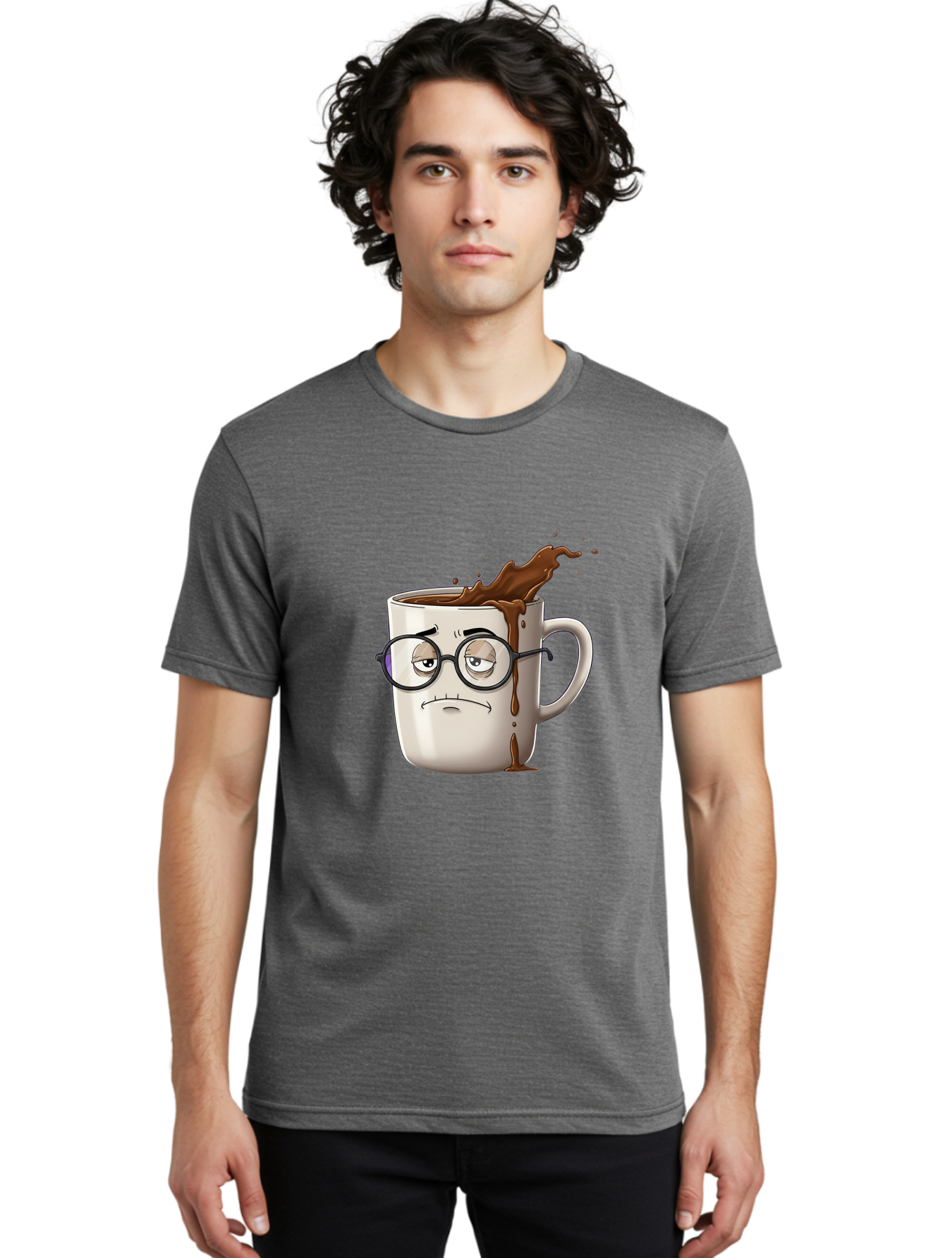 Frowning-Coffee-Mug Men'S Graphic Tee, 100% Cotton, Comfortable Casual Summer Wear, Machine Washable, Unhappy Coffee Cup, Messy Spill, Brown Liquid Splashing, Coffee Stains, Sad Face, Glasses On Mug, Comical Character, Coffee Lover Bab935 26