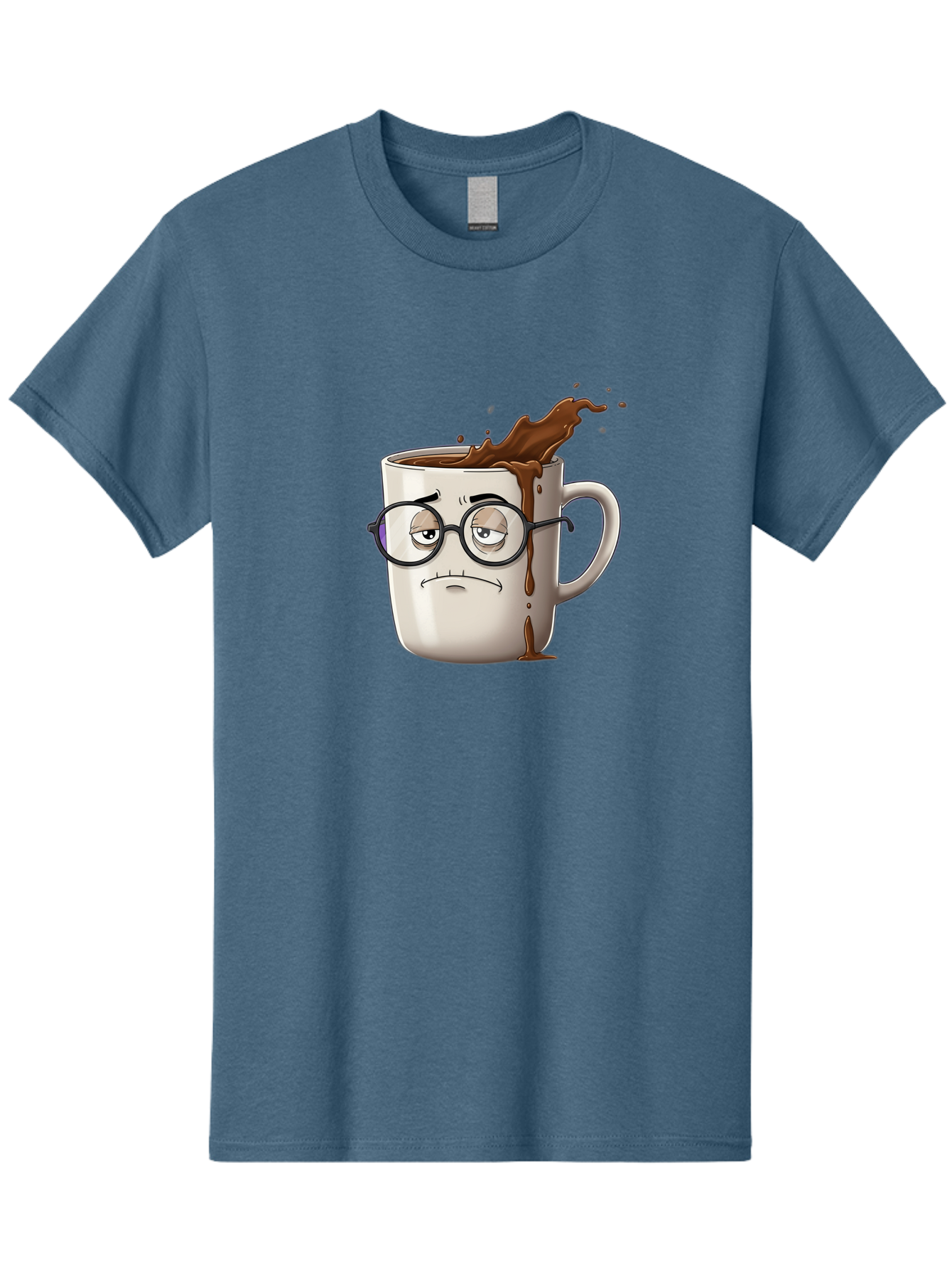 Frowning-Coffee-Mug Men'S Graphic Tee, 100% Cotton, Comfortable Casual Summer Wear, Machine Washable, Unhappy Coffee Cup, Messy Spill, Brown Liquid Splashing, Coffee Stains, Sad Face, Glasses On Mug, Comical Character, Coffee Lover Bab935 15