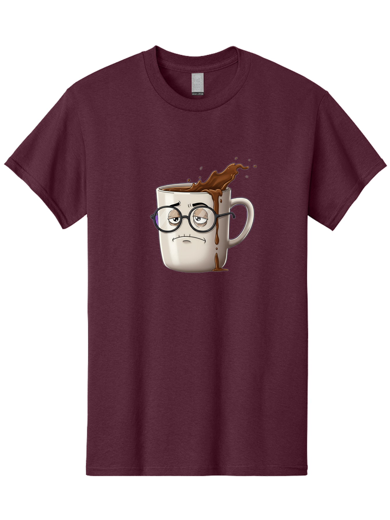 Frowning-Coffee-Mug Men'S Graphic Tee, 100% Cotton, Comfortable Casual Summer Wear, Machine Washable, Unhappy Coffee Cup, Messy Spill, Brown Liquid Splashing, Coffee Stains, Sad Face, Glasses On Mug, Comical Character, Coffee Lover Bab935