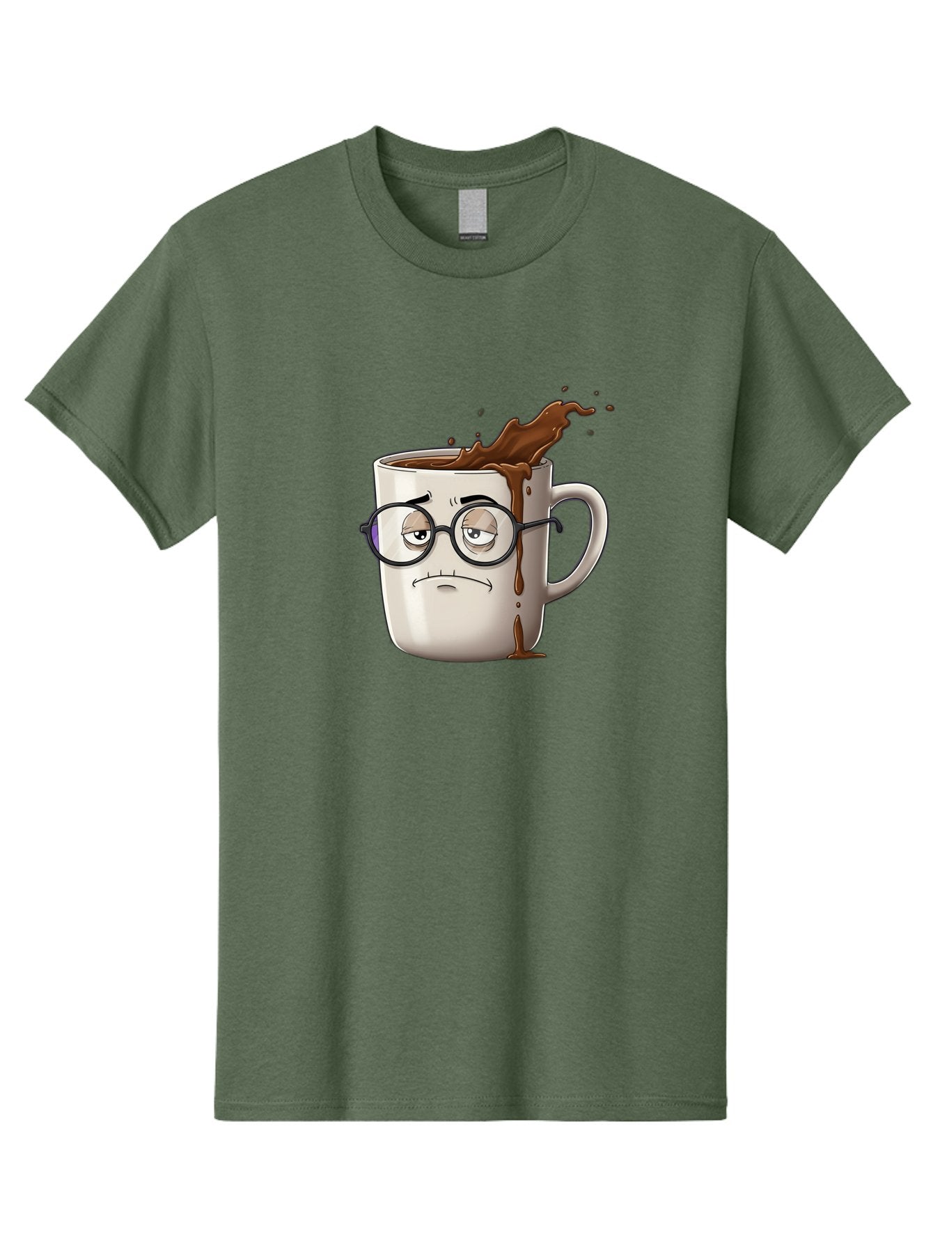Frowning-Coffee-Mug Men'S Graphic Tee, 100% Cotton, Comfortable Casual Summer Wear, Machine Washable, Unhappy Coffee Cup, Messy Spill, Brown Liquid Splashing, Coffee Stains, Sad Face, Glasses On Mug, Comical Character, Coffee Lover Bab935 4