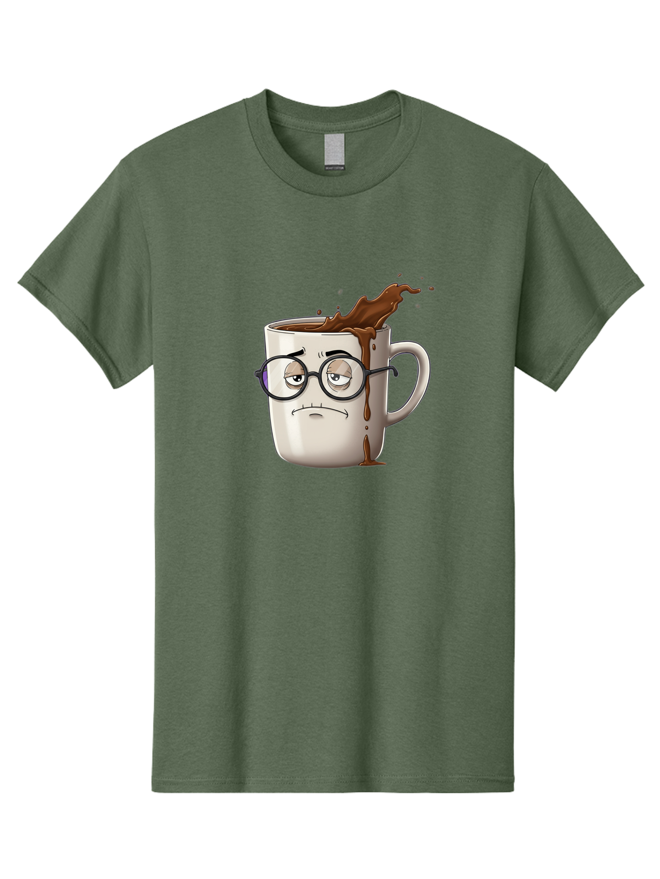 Frowning-Coffee-Mug Men'S Graphic Tee, 100% Cotton, Comfortable Casual Summer Wear, Machine Washable, Unhappy Coffee Cup, Messy Spill, Brown Liquid Splashing, Coffee Stains, Sad Face, Glasses On Mug, Comical Character, Coffee Lover Bab935 12