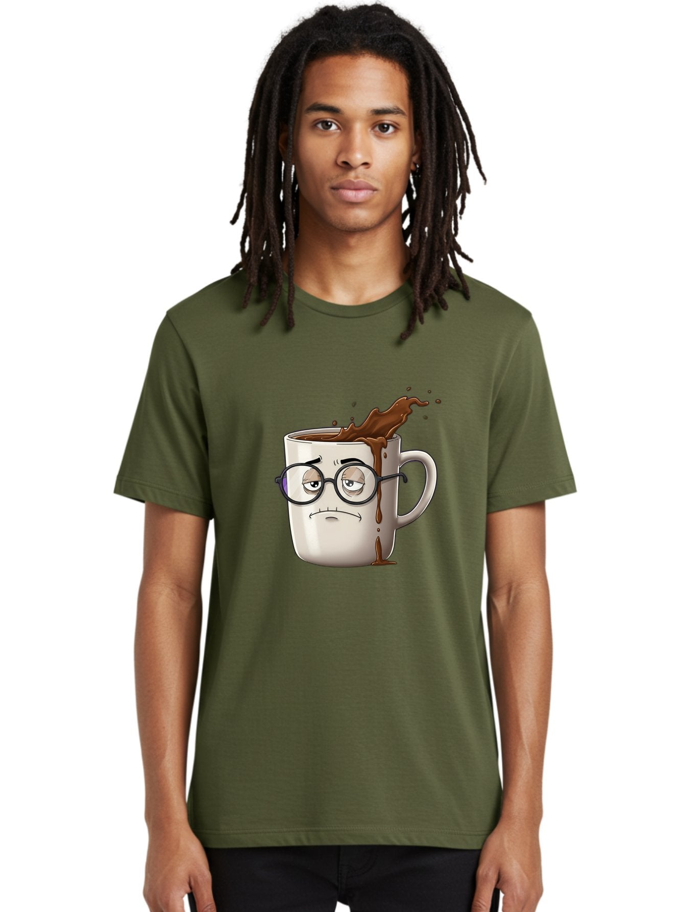 Frowning-Coffee-Mug Men'S Graphic Tee, 100% Cotton, Comfortable Casual Summer Wear, Machine Washable, Unhappy Coffee Cup, Messy Spill, Brown Liquid Splashing, Coffee Stains, Sad Face, Glasses On Mug, Comical Character, Coffee Lover Bab935 18