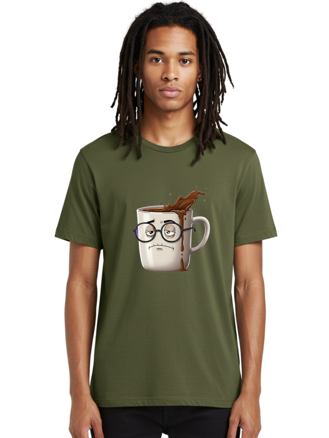 Frowning-Coffee-Mug Men'S Graphic Tee, 100% Cotton, Comfortable Casual Summer Wear, Machine Washable, Unhappy Coffee Cup, Messy Spill, Brown Liquid Splashing, Coffee Stains, Sad Face, Glasses On Mug, Comical Character, Coffee Lover Bab935 27