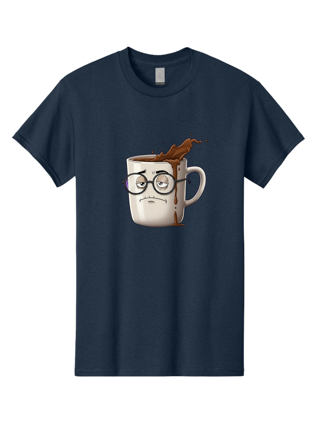 Frowning-Coffee-Mug Men'S Graphic Tee, 100% Cotton, Comfortable Casual Summer Wear, Machine Washable, Unhappy Coffee Cup, Messy Spill, Brown Liquid Splashing, Coffee Stains, Sad Face, Glasses On Mug, Comical Character, Coffee Lover Bab935 12