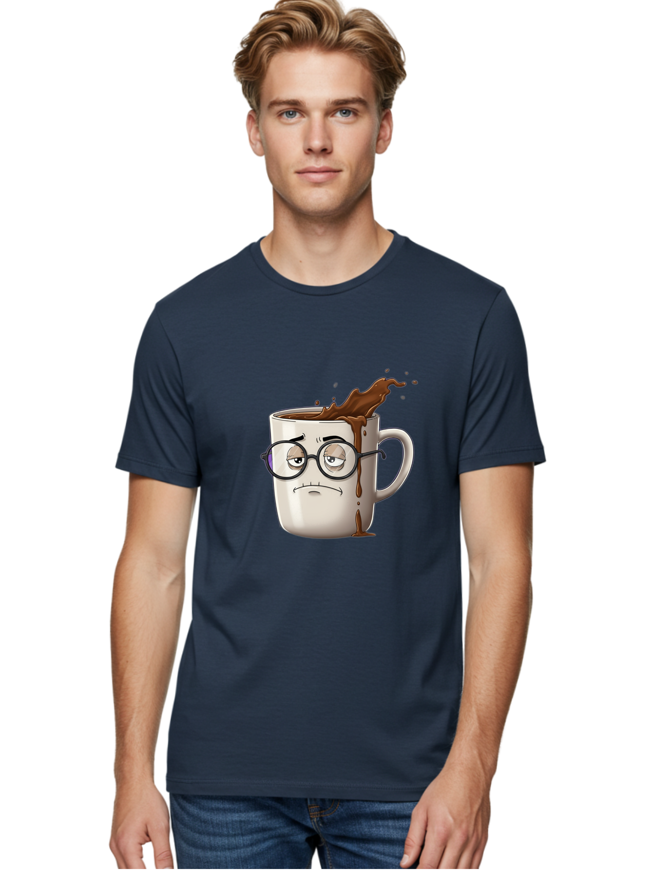 Frowning-Coffee-Mug Men'S Graphic Tee, 100% Cotton, Comfortable Casual Summer Wear, Machine Washable, Unhappy Coffee Cup, Messy Spill, Brown Liquid Splashing, Coffee Stains, Sad Face, Glasses On Mug, Comical Character, Coffee Lover Bab935 18