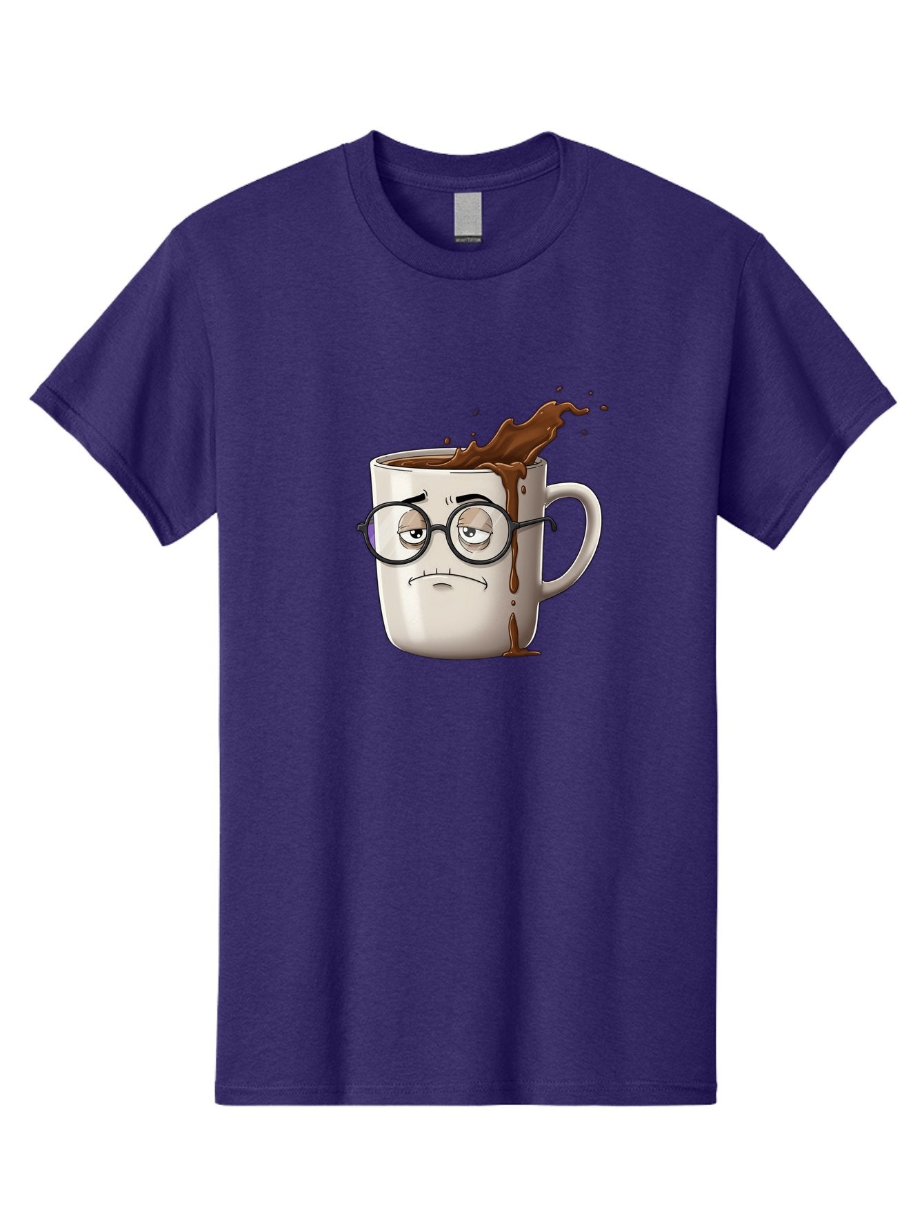 Frowning-Coffee-Mug Men'S Graphic Tee, 100% Cotton, Comfortable Casual Summer Wear, Machine Washable, Unhappy Coffee Cup, Messy Spill, Brown Liquid Splashing, Coffee Stains, Sad Face, Glasses On Mug, Comical Character, Coffee Lover Bab935