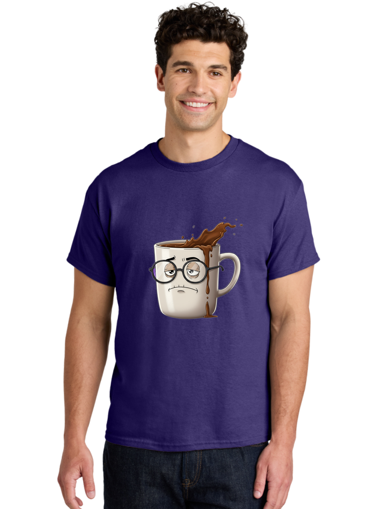 Frowning-Coffee-Mug Men'S Graphic Tee, 100% Cotton, Comfortable Casual Summer Wear, Machine Washable, Unhappy Coffee Cup, Messy Spill, Brown Liquid Splashing, Coffee Stains, Sad Face, Glasses On Mug, Comical Character, Coffee Lover Bab935 25