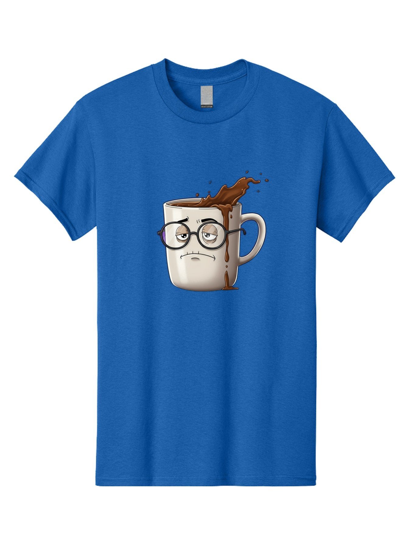 Frowning-Coffee-Mug Men'S Graphic Tee, 100% Cotton, Comfortable Casual Summer Wear, Machine Washable, Unhappy Coffee Cup, Messy Spill, Brown Liquid Splashing, Coffee Stains, Sad Face, Glasses On Mug, Comical Character, Coffee Lover Bab935 11