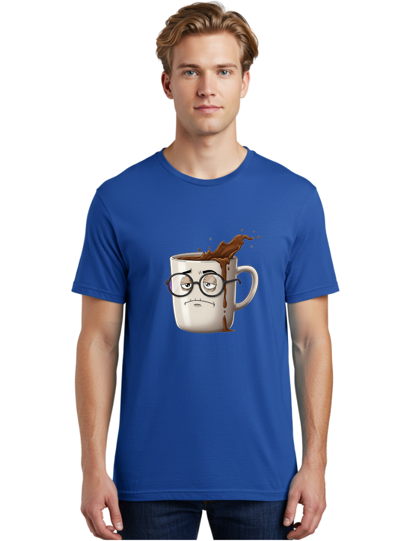 Frowning-Coffee-Mug Men'S Graphic Tee, 100% Cotton, Comfortable Casual Summer Wear, Machine Washable, Unhappy Coffee Cup, Messy Spill, Brown Liquid Splashing, Coffee Stains, Sad Face, Glasses On Mug, Comical Character, Coffee Lover Bab935 19