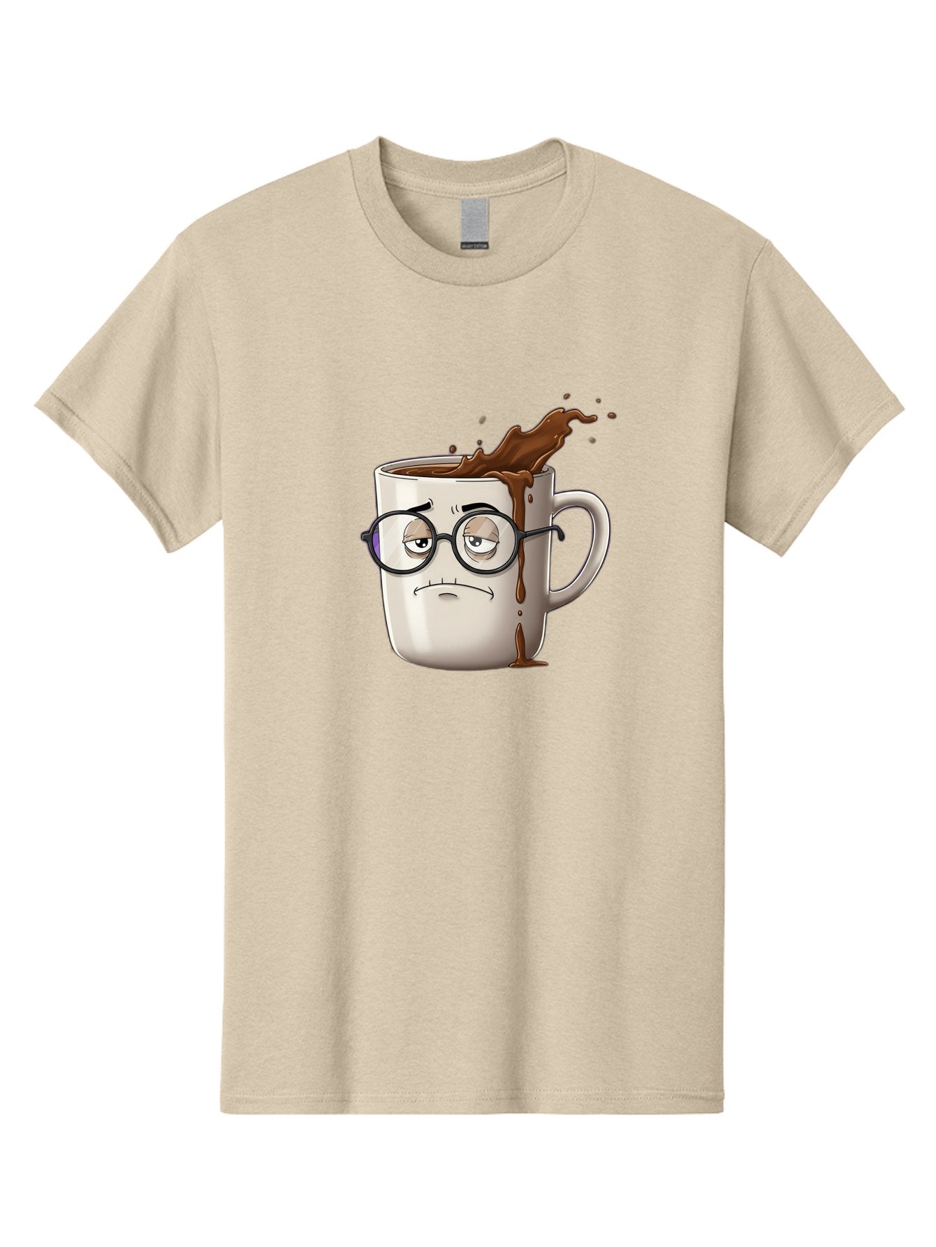 Frowning-Coffee-Mug Men'S Graphic Tee, 100% Cotton, Comfortable Casual Summer Wear, Machine Washable, Unhappy Coffee Cup, Messy Spill, Brown Liquid Splashing, Coffee Stains, Sad Face, Glasses On Mug, Comical Character, Coffee Lover Bab935 14