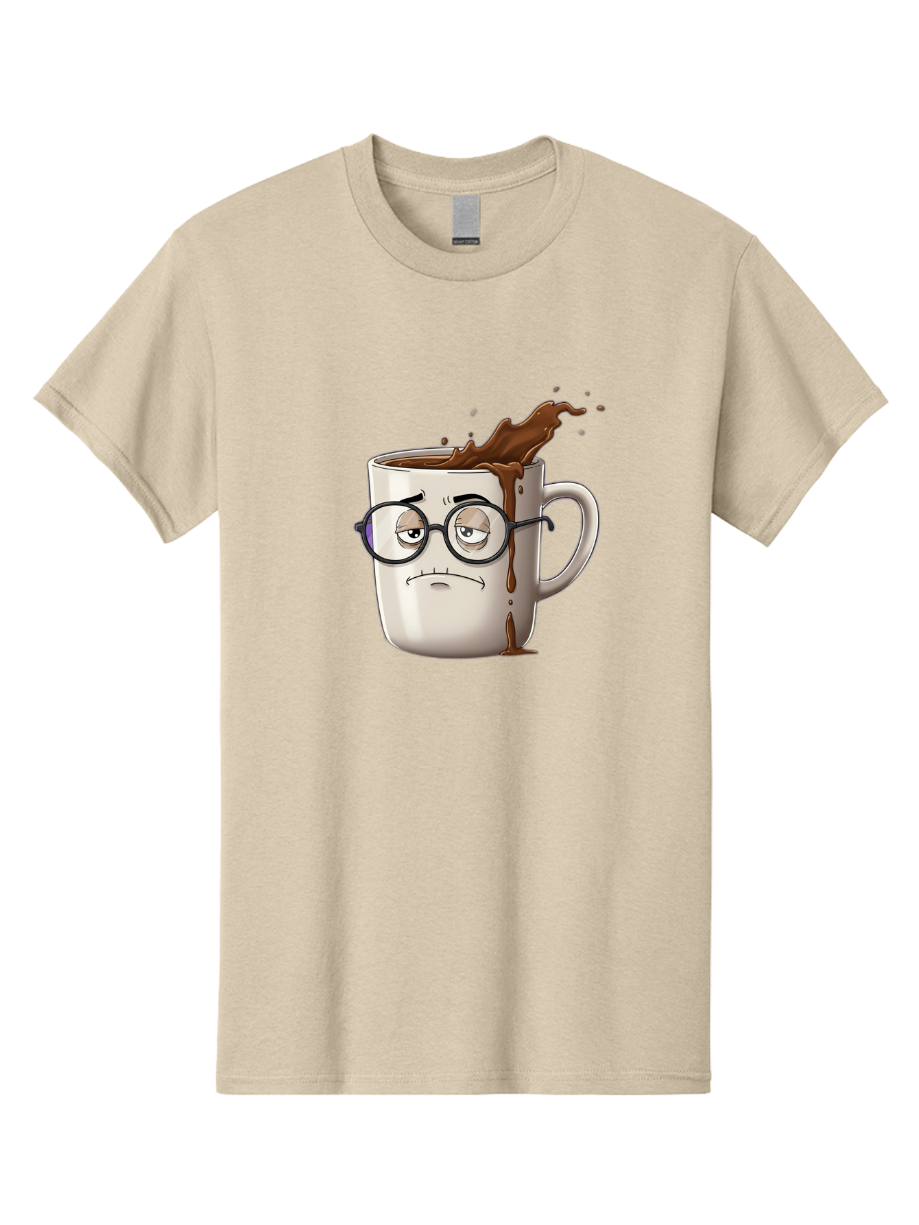 Frowning-Coffee-Mug Men'S Graphic Tee, 100% Cotton, Comfortable Casual Summer Wear, Machine Washable, Unhappy Coffee Cup, Messy Spill, Brown Liquid Splashing, Coffee Stains, Sad Face, Glasses On Mug, Comical Character, Coffee Lover Bab935