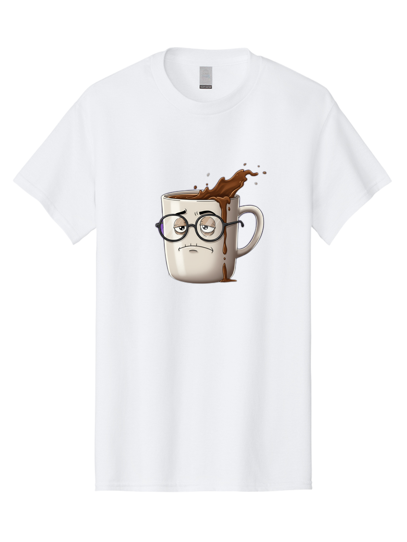 Frowning-Coffee-Mug Men'S Graphic Tee, 100% Cotton, Comfortable Casual Summer Wear, Machine Washable, Unhappy Coffee Cup, Messy Spill, Brown Liquid Splashing, Coffee Stains, Sad Face, Glasses On Mug, Comical Character, Coffee Lover Bab935 13