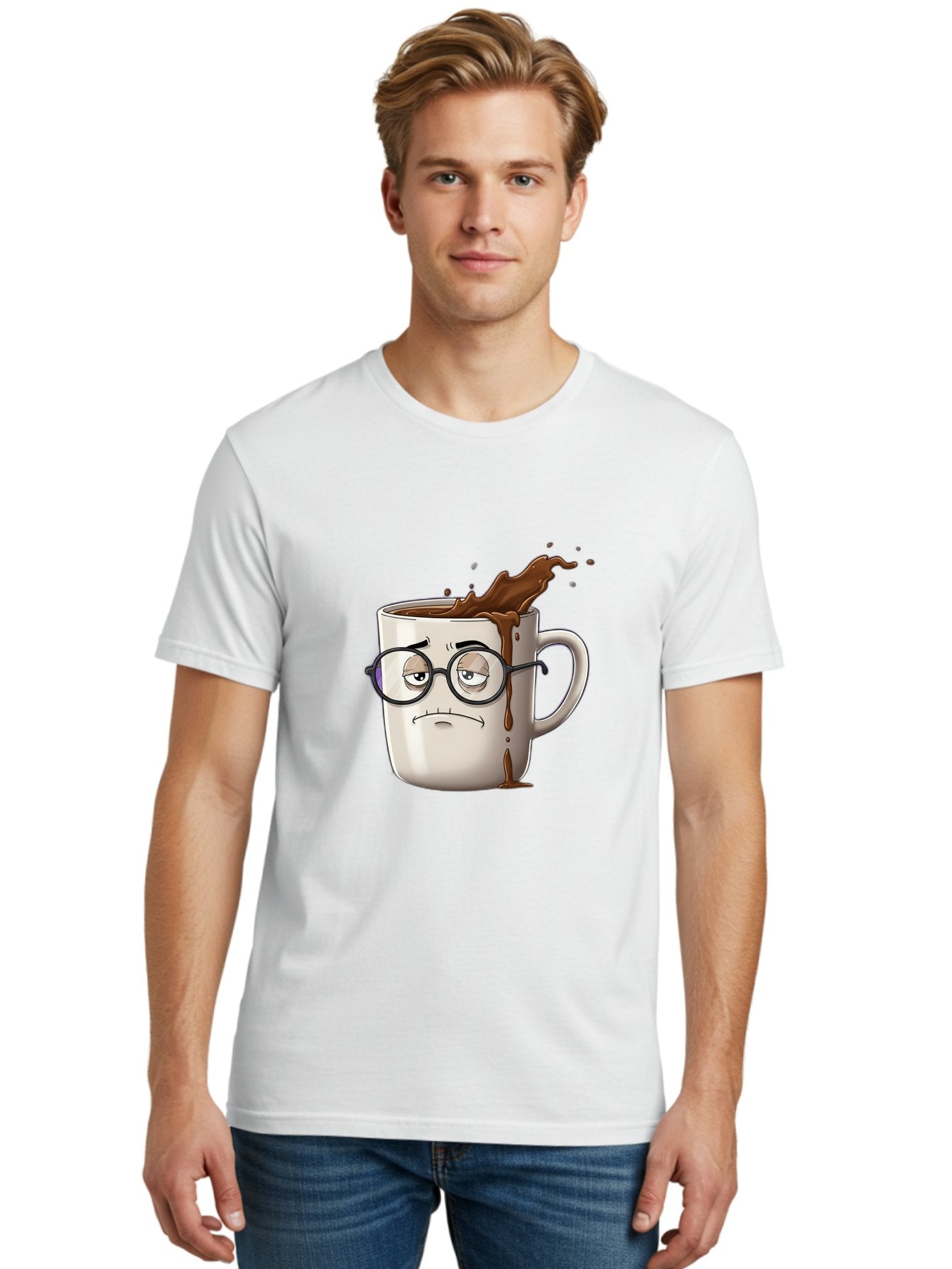 Frowning-Coffee-Mug Men'S Graphic Tee, 100% Cotton, Comfortable Casual Summer Wear, Machine Washable, Unhappy Coffee Cup, Messy Spill, Brown Liquid Splashing, Coffee Stains, Sad Face, Glasses On Mug, Comical Character, Coffee Lover Bab935 16
