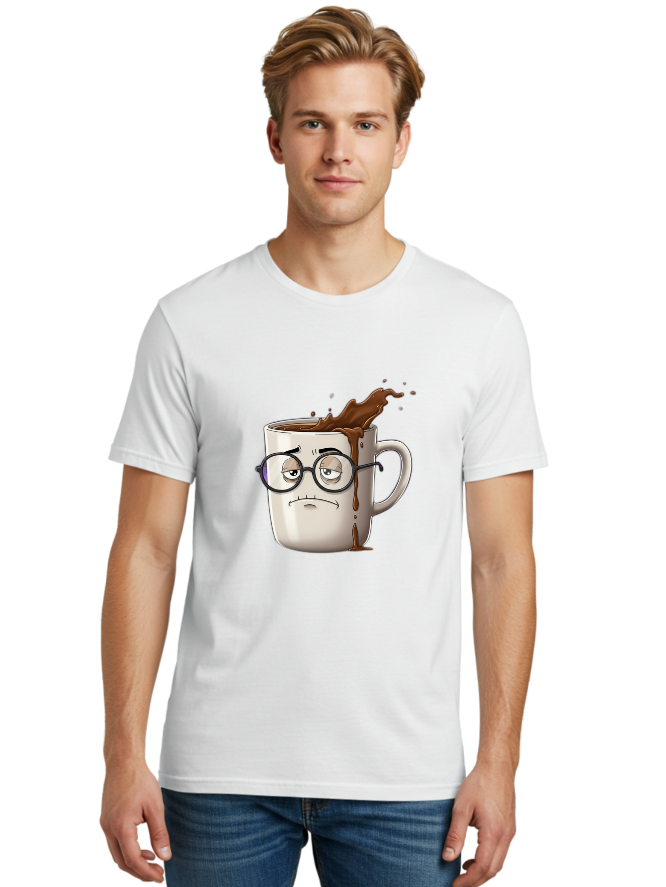 Frowning-Coffee-Mug Men'S Graphic Tee, 100% Cotton, Comfortable Casual Summer Wear, Machine Washable, Unhappy Coffee Cup, Messy Spill, Brown Liquid Splashing, Coffee Stains, Sad Face, Glasses On Mug, Comical Character, Coffee Lover Bab935 28