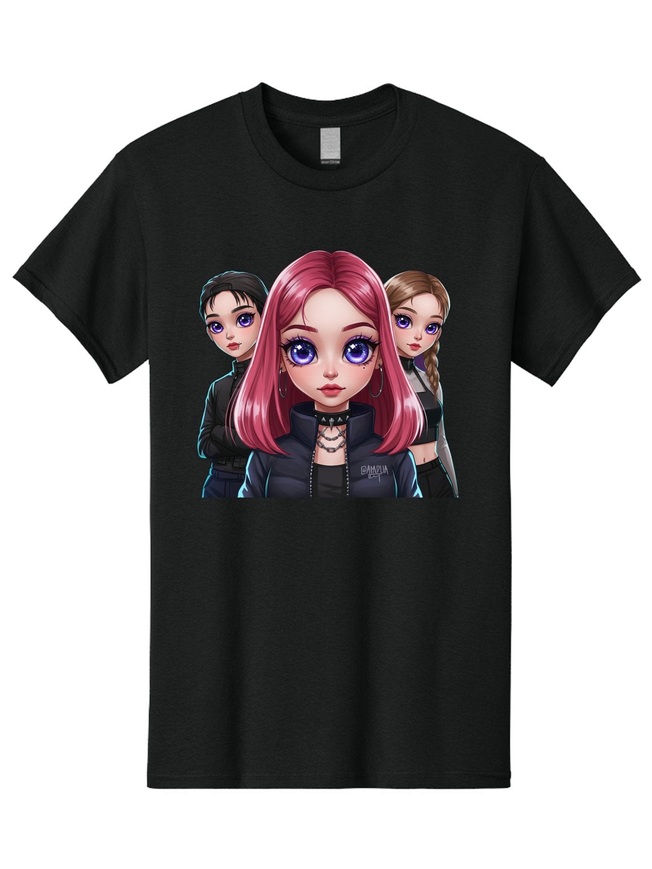 Gagwin Men'S Graphic Tee, 100% Cotton, Comfortable Casual Summer Wear, Machine Washable, Anime Style Illustration, Pink Haired Girl, Blue Eyes, Edgy Fashion, Bold Makeup, Gothic Style, Futuristic Clothing, Choker Necklace, Group Portrait, Bab936 15