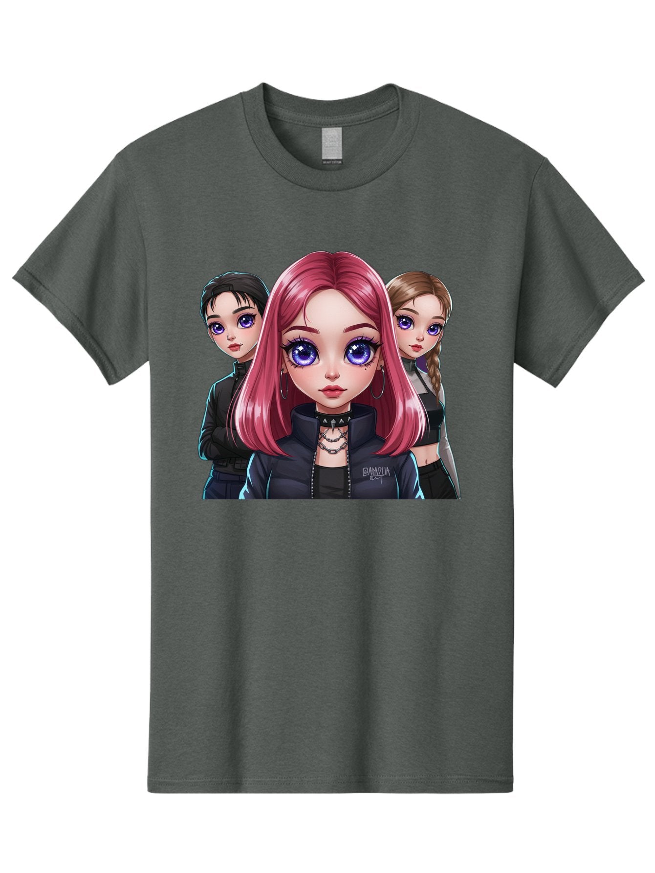 Gagwin Men'S Graphic Tee, 100% Cotton, Comfortable Casual Summer Wear, Machine Washable, Anime Style Illustration, Pink Haired Girl, Blue Eyes, Edgy Fashion, Bold Makeup, Gothic Style, Futuristic Clothing, Choker Necklace, Group Portrait, Bab936 7