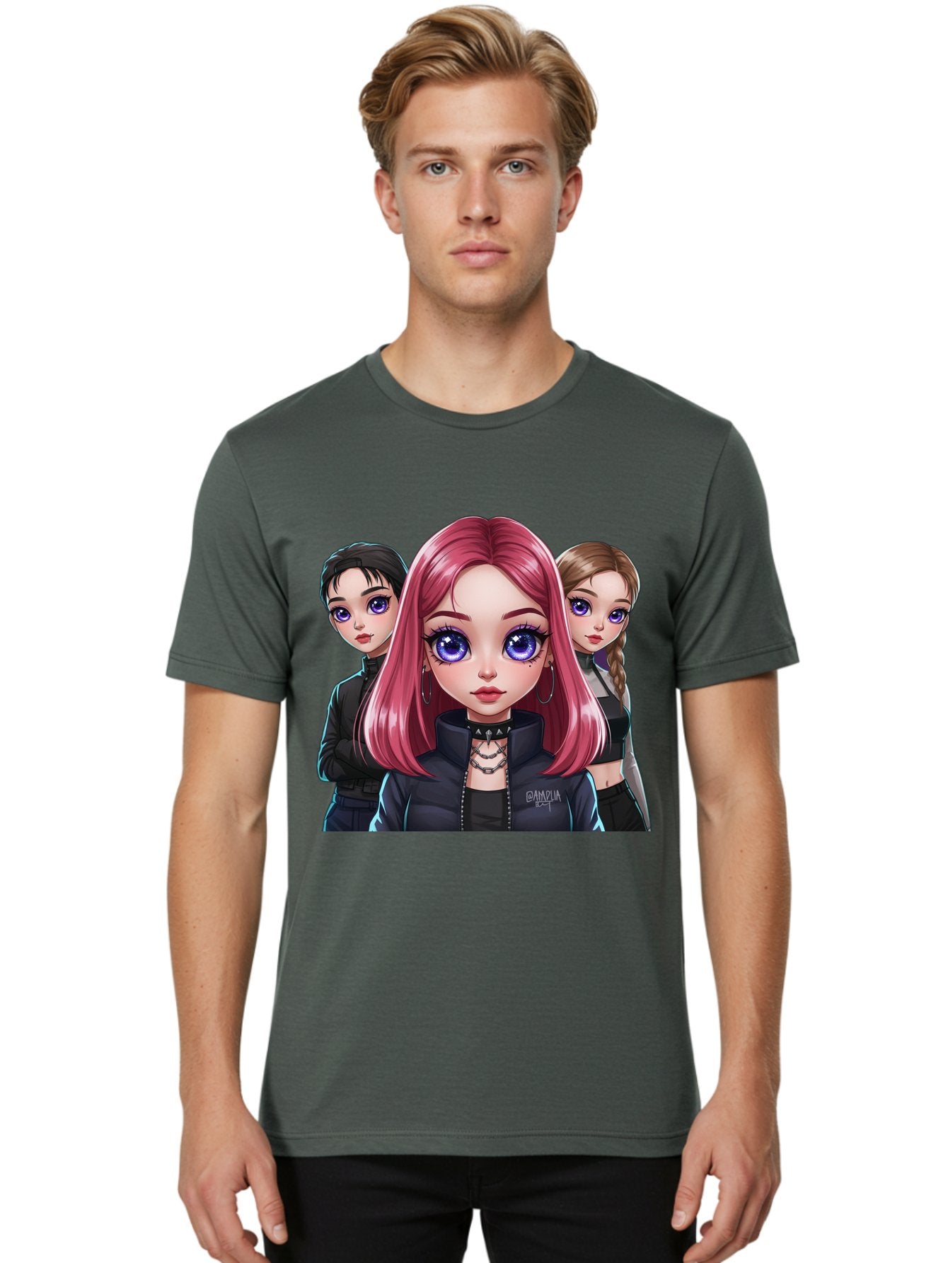 Gagwin Men'S Graphic Tee, 100% Cotton, Comfortable Casual Summer Wear, Machine Washable, Anime Style Illustration, Pink Haired Girl, Blue Eyes, Edgy Fashion, Bold Makeup, Gothic Style, Futuristic Clothing, Choker Necklace, Group Portrait, Bab936 16