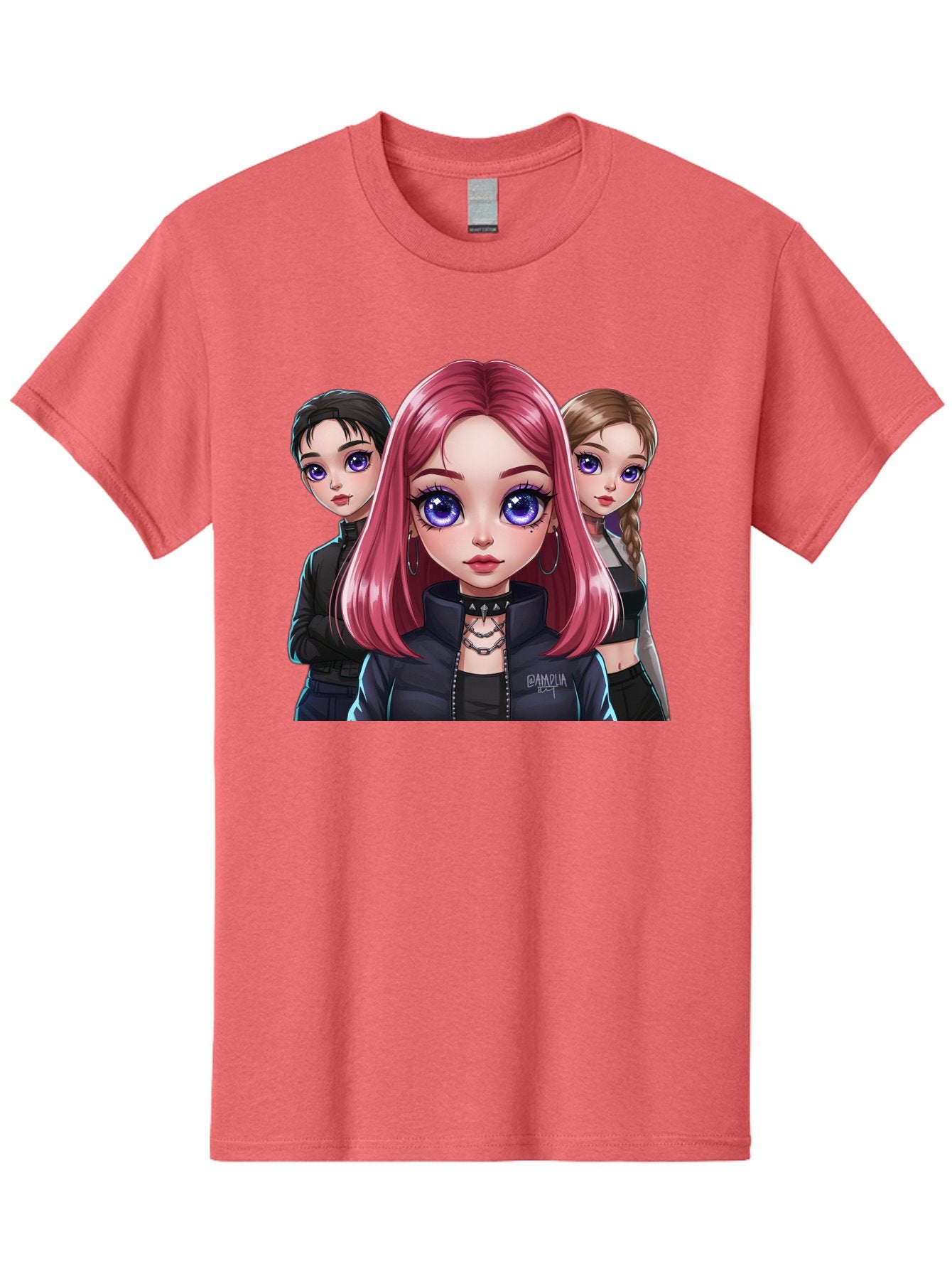 Gagwin Men'S Graphic Tee, 100% Cotton, Comfortable Casual Summer Wear, Machine Washable, Anime Style Illustration, Pink Haired Girl, Blue Eyes, Edgy Fashion, Bold Makeup, Gothic Style, Futuristic Clothing, Choker Necklace, Group Portrait, Bab936 4