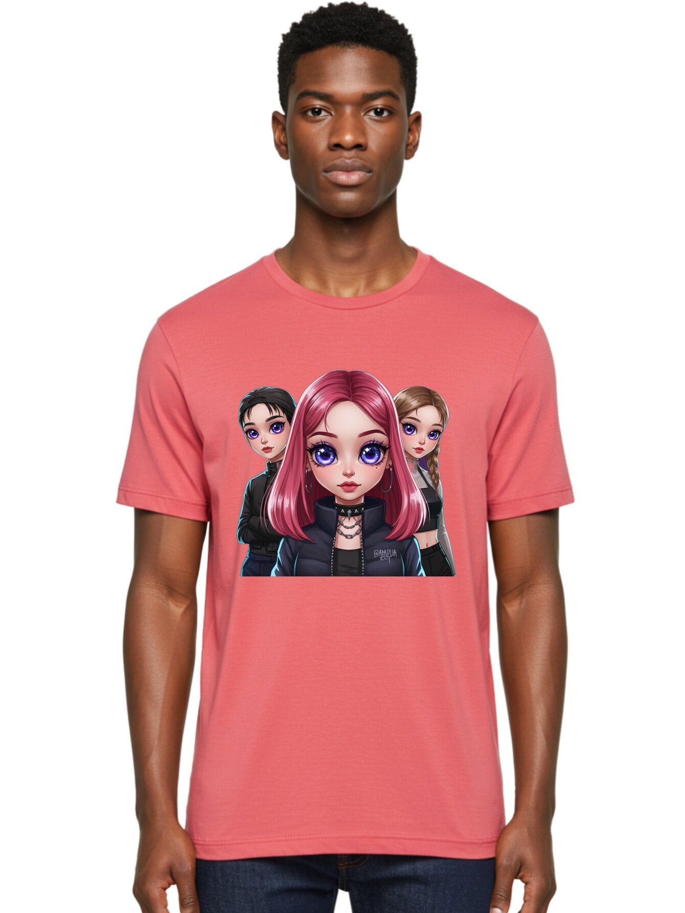 Gagwin Men'S Graphic Tee, 100% Cotton, Comfortable Casual Summer Wear, Machine Washable, Anime Style Illustration, Pink Haired Girl, Blue Eyes, Edgy Fashion, Bold Makeup, Gothic Style, Futuristic Clothing, Choker Necklace, Group Portrait, Bab936 18