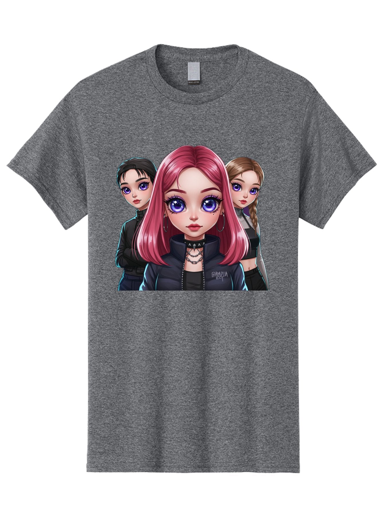 Gagwin Men'S Graphic Tee, 100% Cotton, Comfortable Casual Summer Wear, Machine Washable, Anime Style Illustration, Pink Haired Girl, Blue Eyes, Edgy Fashion, Bold Makeup, Gothic Style, Futuristic Clothing, Choker Necklace, Group Portrait, Bab936