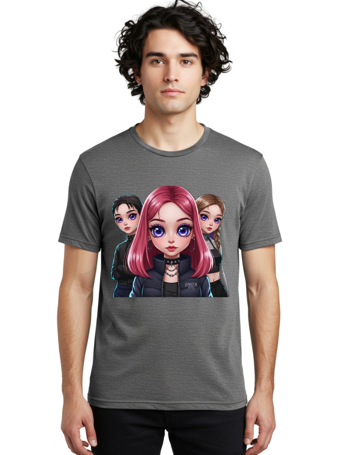 Gagwin Men'S Graphic Tee, 100% Cotton, Comfortable Casual Summer Wear, Machine Washable, Anime Style Illustration, Pink Haired Girl, Blue Eyes, Edgy Fashion, Bold Makeup, Gothic Style, Futuristic Clothing, Choker Necklace, Group Portrait, Bab936 19