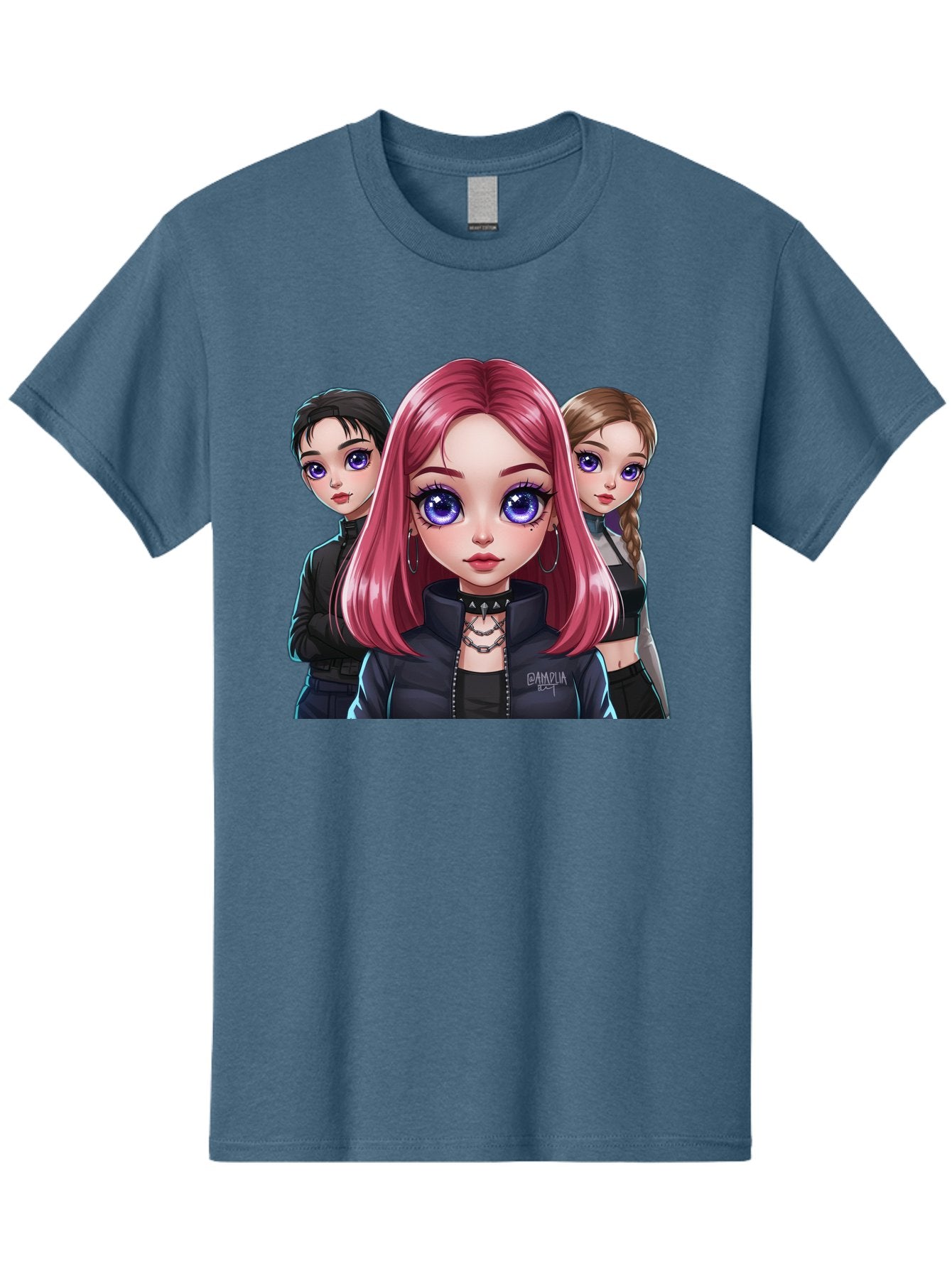 Gagwin Men'S Graphic Tee, 100% Cotton, Comfortable Casual Summer Wear, Machine Washable, Anime Style Illustration, Pink Haired Girl, Blue Eyes, Edgy Fashion, Bold Makeup, Gothic Style, Futuristic Clothing, Choker Necklace, Group Portrait, Bab936 3
