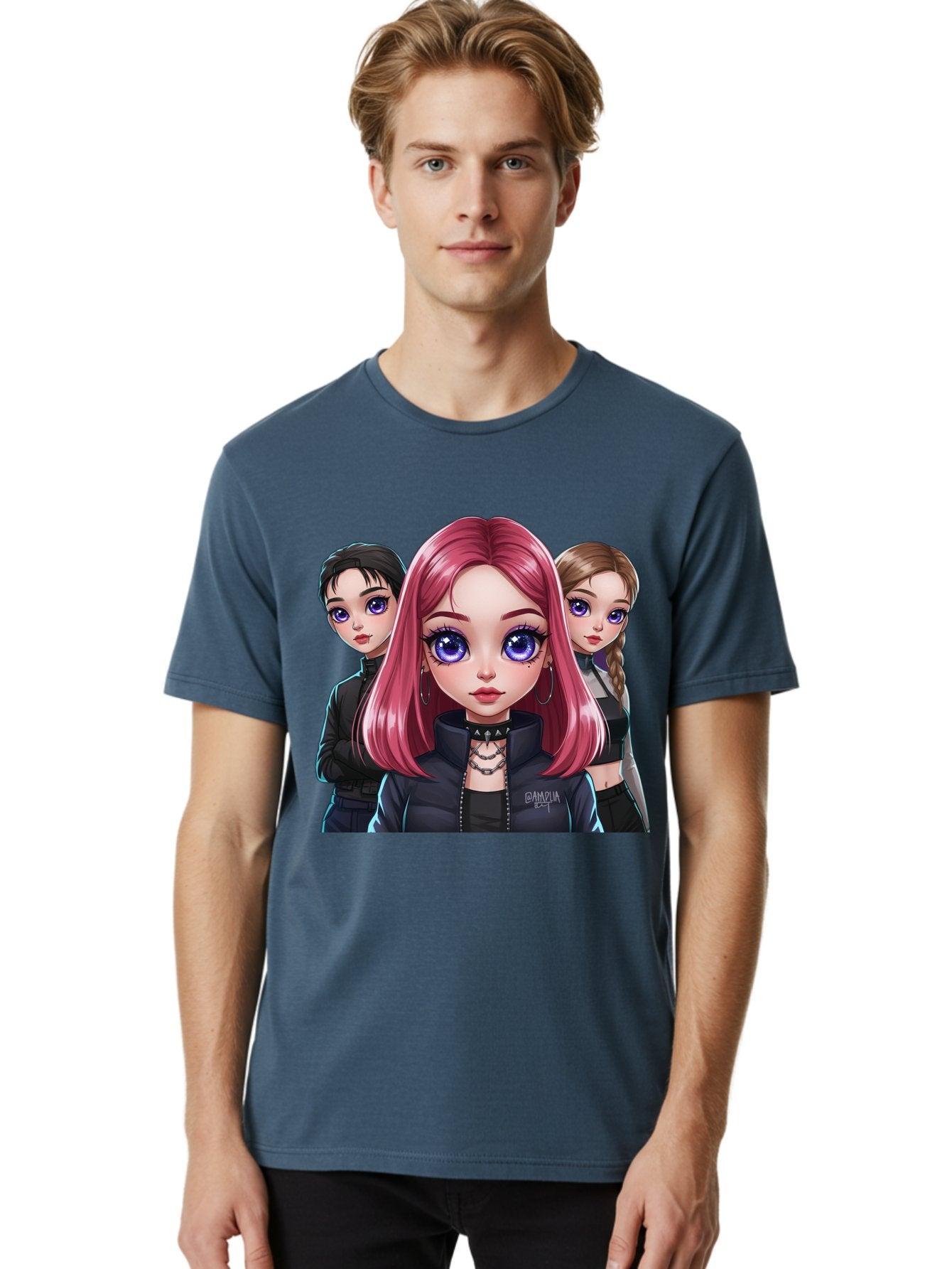 Gagwin Men'S Graphic Tee, 100% Cotton, Comfortable Casual Summer Wear, Machine Washable, Anime Style Illustration, Pink Haired Girl, Blue Eyes, Edgy Fashion, Bold Makeup, Gothic Style, Futuristic Clothing, Choker Necklace, Group Portrait, Bab936 22