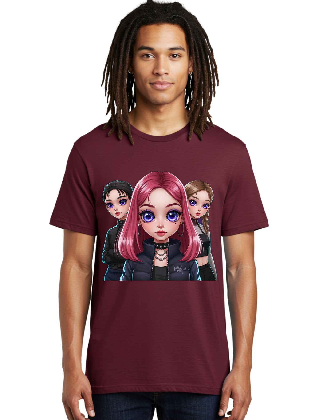 Gagwin Men'S Graphic Tee, 100% Cotton, Comfortable Casual Summer Wear, Machine Washable, Anime Style Illustration, Pink Haired Girl, Blue Eyes, Edgy Fashion, Bold Makeup, Gothic Style, Futuristic Clothing, Choker Necklace, Group Portrait, Bab936 26