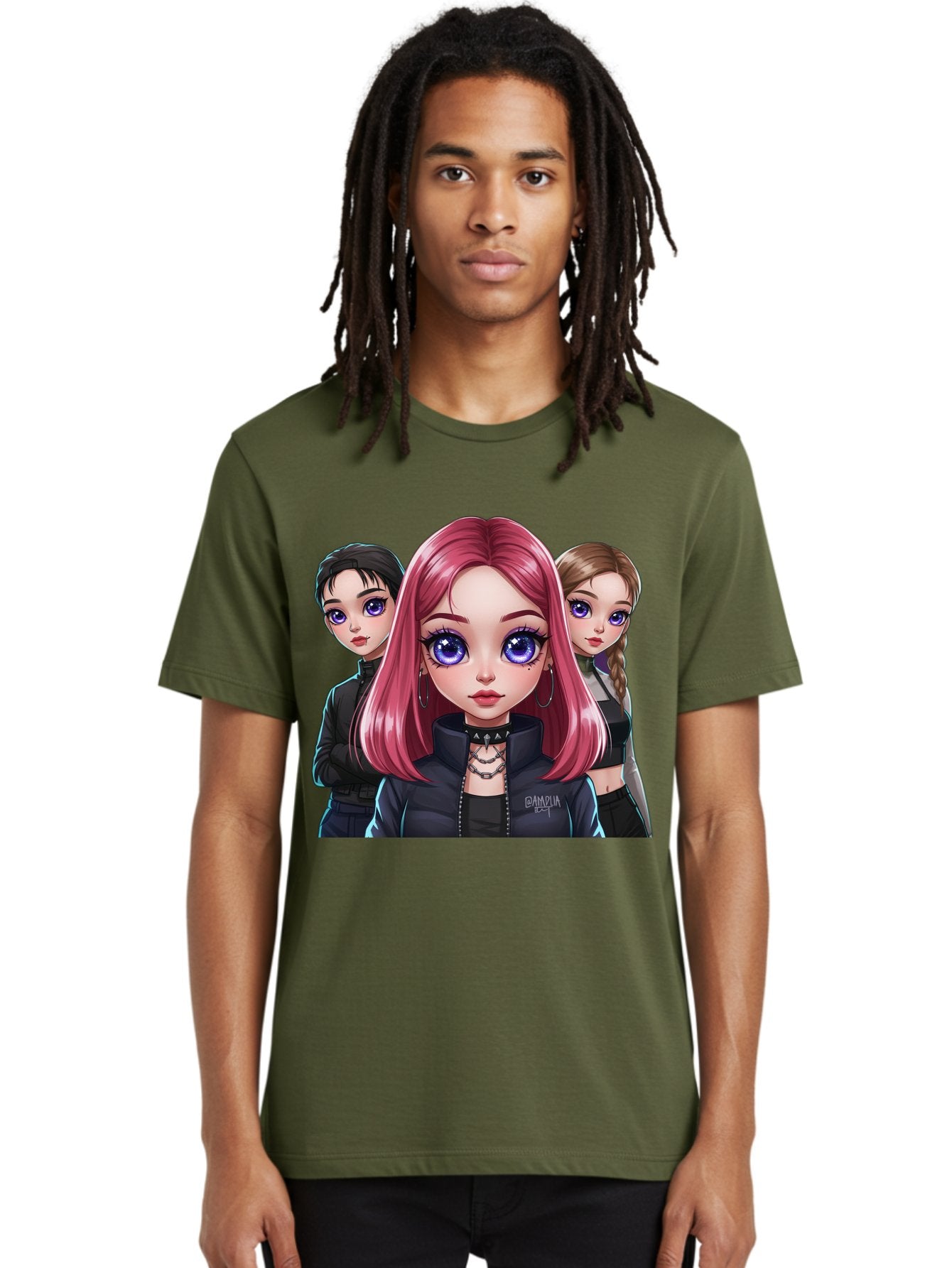 Gagwin Men'S Graphic Tee, 100% Cotton, Comfortable Casual Summer Wear, Machine Washable, Anime Style Illustration, Pink Haired Girl, Blue Eyes, Edgy Fashion, Bold Makeup, Gothic Style, Futuristic Clothing, Choker Necklace, Group Portrait, Bab936 23