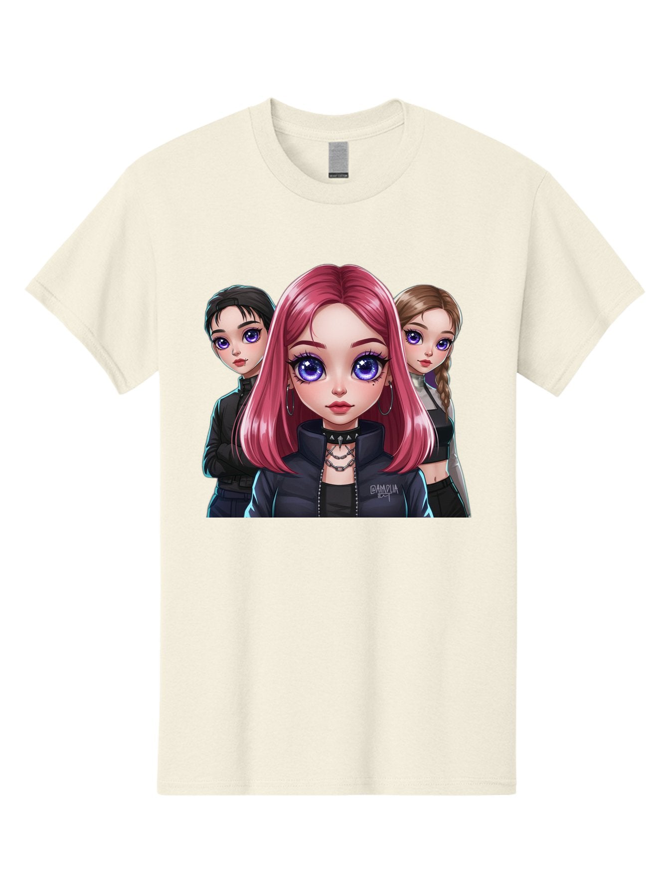 Gagwin Men'S Graphic Tee, 100% Cotton, Comfortable Casual Summer Wear, Machine Washable, Anime Style Illustration, Pink Haired Girl, Blue Eyes, Edgy Fashion, Bold Makeup, Gothic Style, Futuristic Clothing, Choker Necklace, Group Portrait, Bab936 10