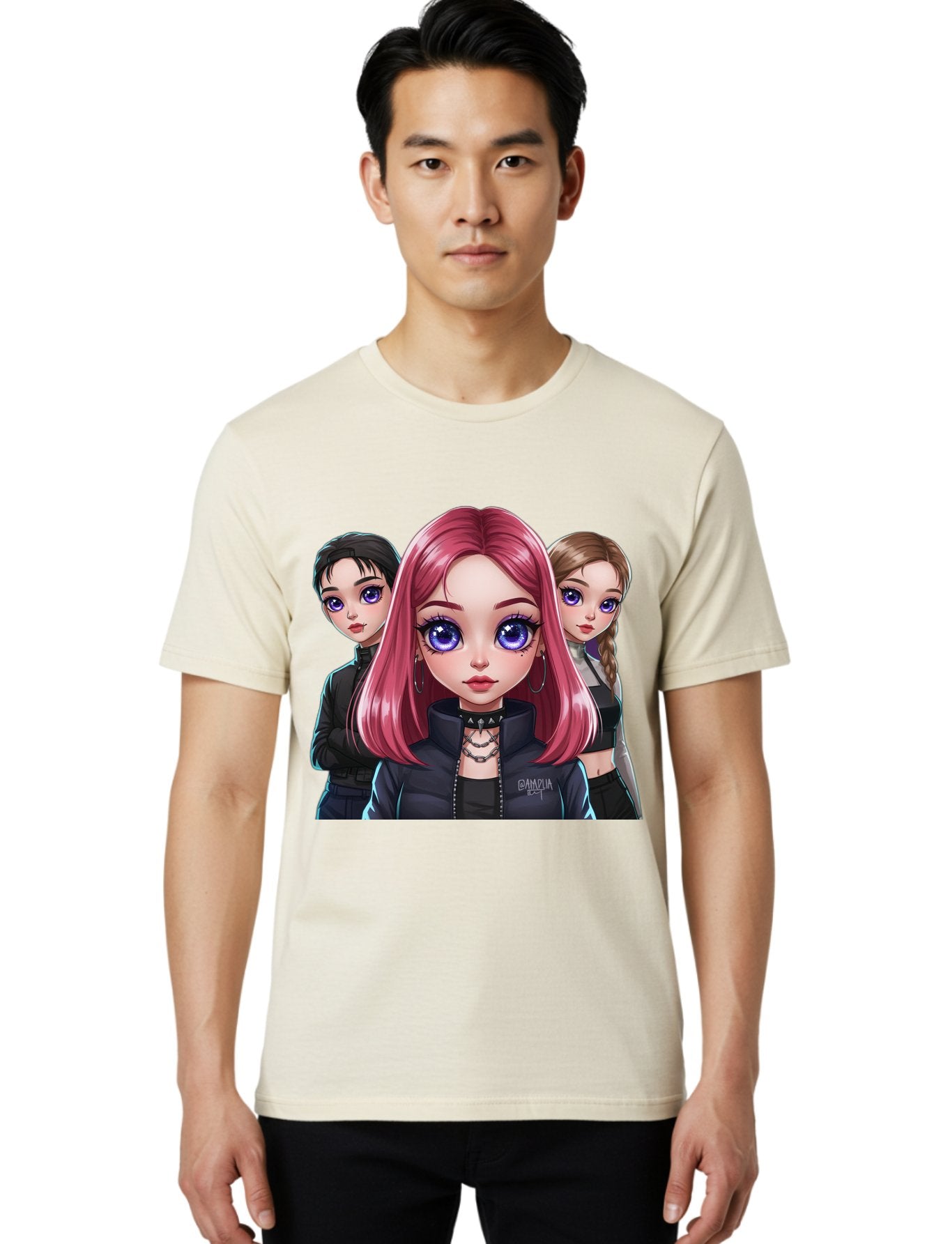 Gagwin Men'S Graphic Tee, 100% Cotton, Comfortable Casual Summer Wear, Machine Washable, Anime Style Illustration, Pink Haired Girl, Blue Eyes, Edgy Fashion, Bold Makeup, Gothic Style, Futuristic Clothing, Choker Necklace, Group Portrait, Bab936 17
