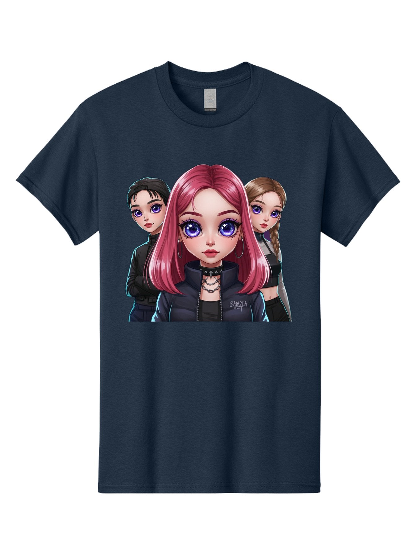 Gagwin Men'S Graphic Tee, 100% Cotton, Comfortable Casual Summer Wear, Machine Washable, Anime Style Illustration, Pink Haired Girl, Blue Eyes, Edgy Fashion, Bold Makeup, Gothic Style, Futuristic Clothing, Choker Necklace, Group Portrait, Bab936 13
