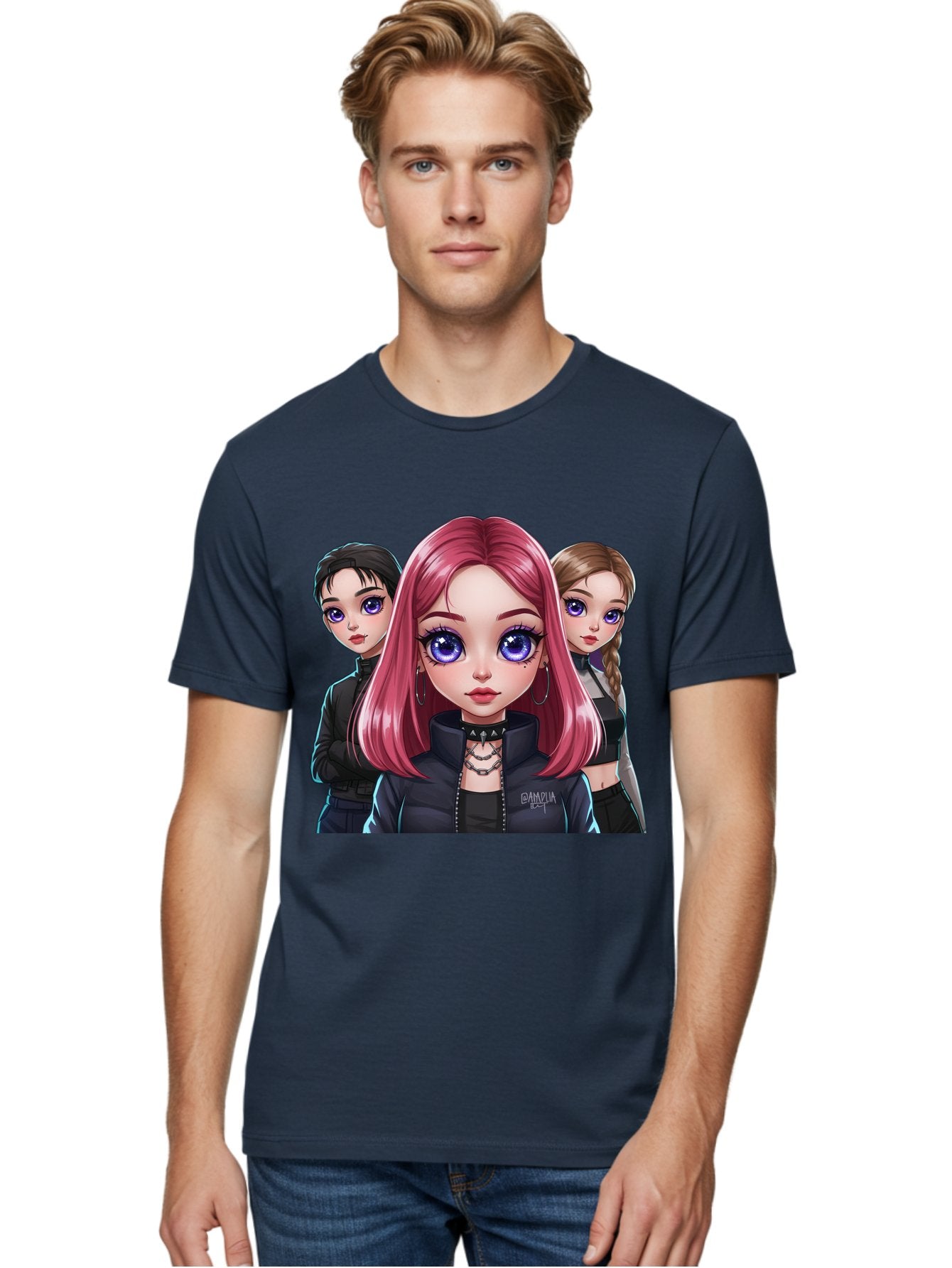 Gagwin Men'S Graphic Tee, 100% Cotton, Comfortable Casual Summer Wear, Machine Washable, Anime Style Illustration, Pink Haired Girl, Blue Eyes, Edgy Fashion, Bold Makeup, Gothic Style, Futuristic Clothing, Choker Necklace, Group Portrait, Bab936 20