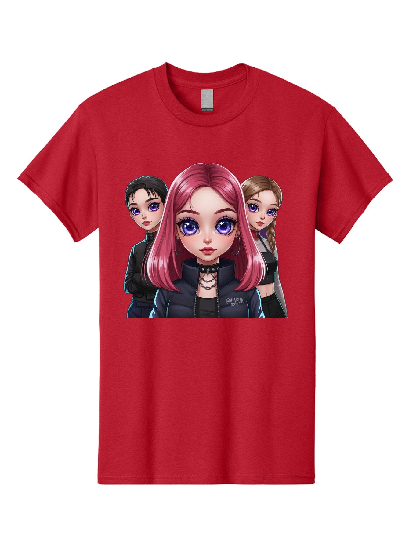 Gagwin Men'S Graphic Tee, 100% Cotton, Comfortable Casual Summer Wear, Machine Washable, Anime Style Illustration, Pink Haired Girl, Blue Eyes, Edgy Fashion, Bold Makeup, Gothic Style, Futuristic Clothing, Choker Necklace, Group Portrait, Bab936 14