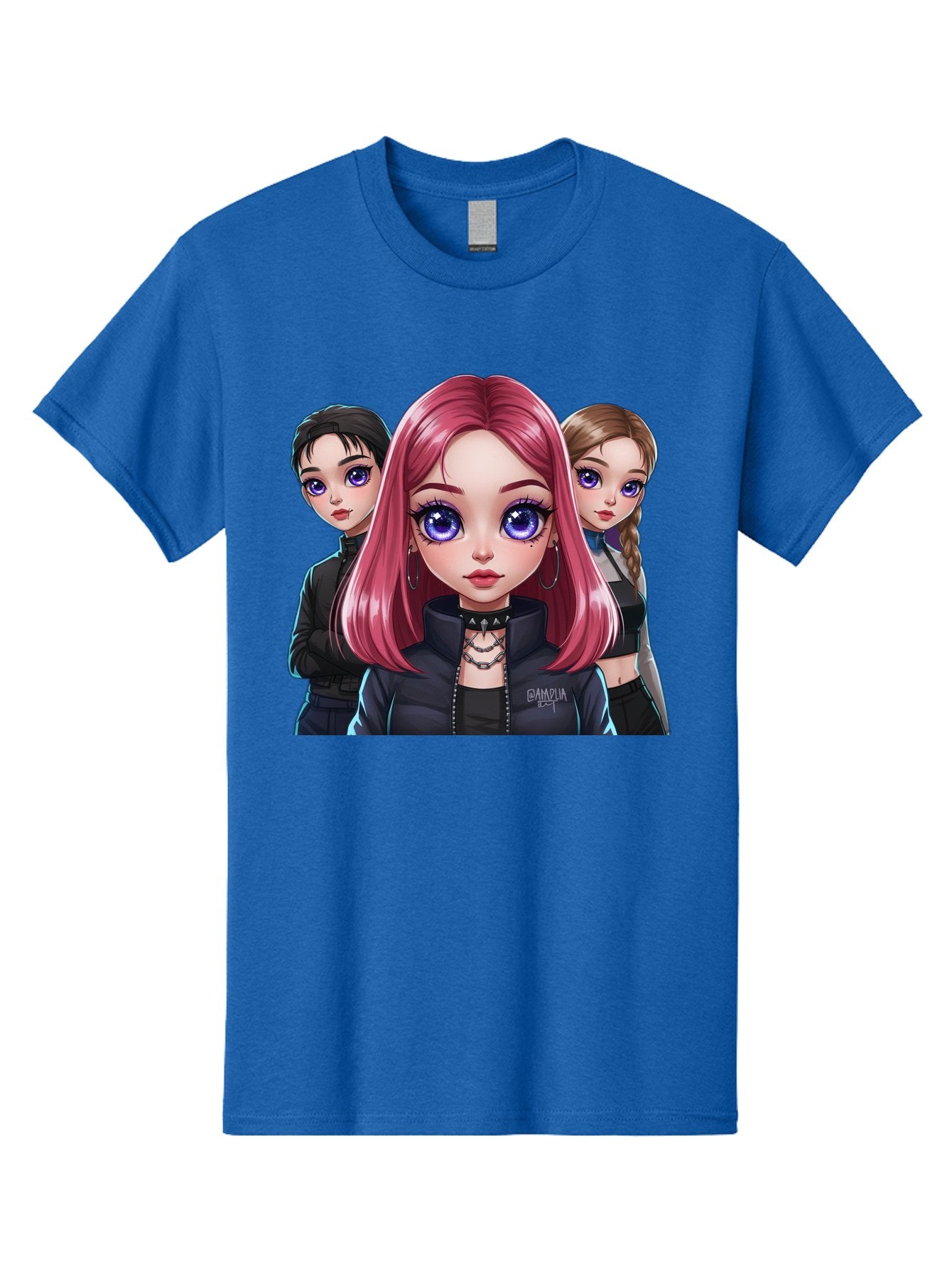 Gagwin Men'S Graphic Tee, 100% Cotton, Comfortable Casual Summer Wear, Machine Washable, Anime Style Illustration, Pink Haired Girl, Blue Eyes, Edgy Fashion, Bold Makeup, Gothic Style, Futuristic Clothing, Choker Necklace, Group Portrait, Bab936