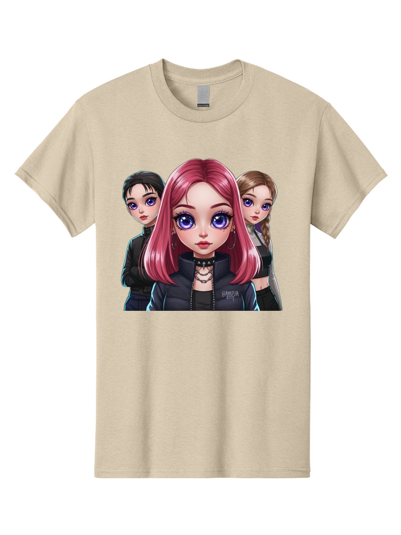 Gagwin Men'S Graphic Tee, 100% Cotton, Comfortable Casual Summer Wear, Machine Washable, Anime Style Illustration, Pink Haired Girl, Blue Eyes, Edgy Fashion, Bold Makeup, Gothic Style, Futuristic Clothing, Choker Necklace, Group Portrait, Bab936 8