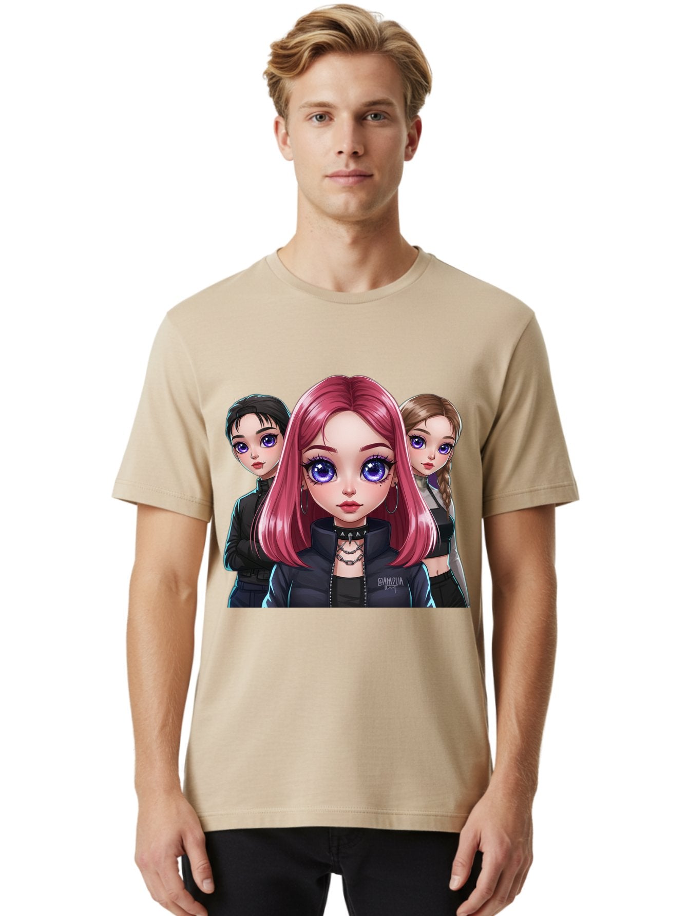 Gagwin Men'S Graphic Tee, 100% Cotton, Comfortable Casual Summer Wear, Machine Washable, Anime Style Illustration, Pink Haired Girl, Blue Eyes, Edgy Fashion, Bold Makeup, Gothic Style, Futuristic Clothing, Choker Necklace, Group Portrait, Bab936 25