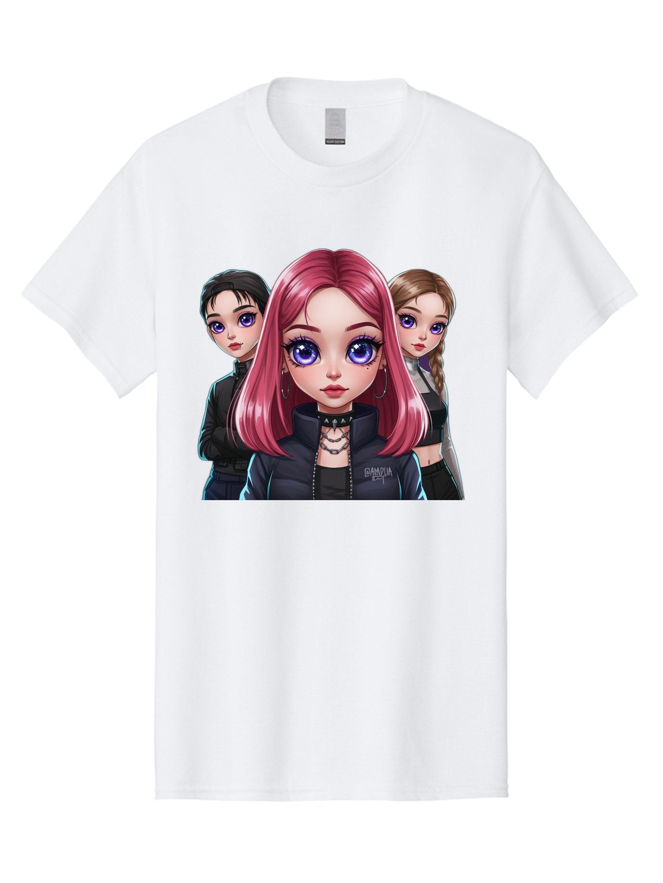 Gagwin Men'S Graphic Tee, 100% Cotton, Comfortable Casual Summer Wear, Machine Washable, Anime Style Illustration, Pink Haired Girl, Blue Eyes, Edgy Fashion, Bold Makeup, Gothic Style, Futuristic Clothing, Choker Necklace, Group Portrait, Bab936 11