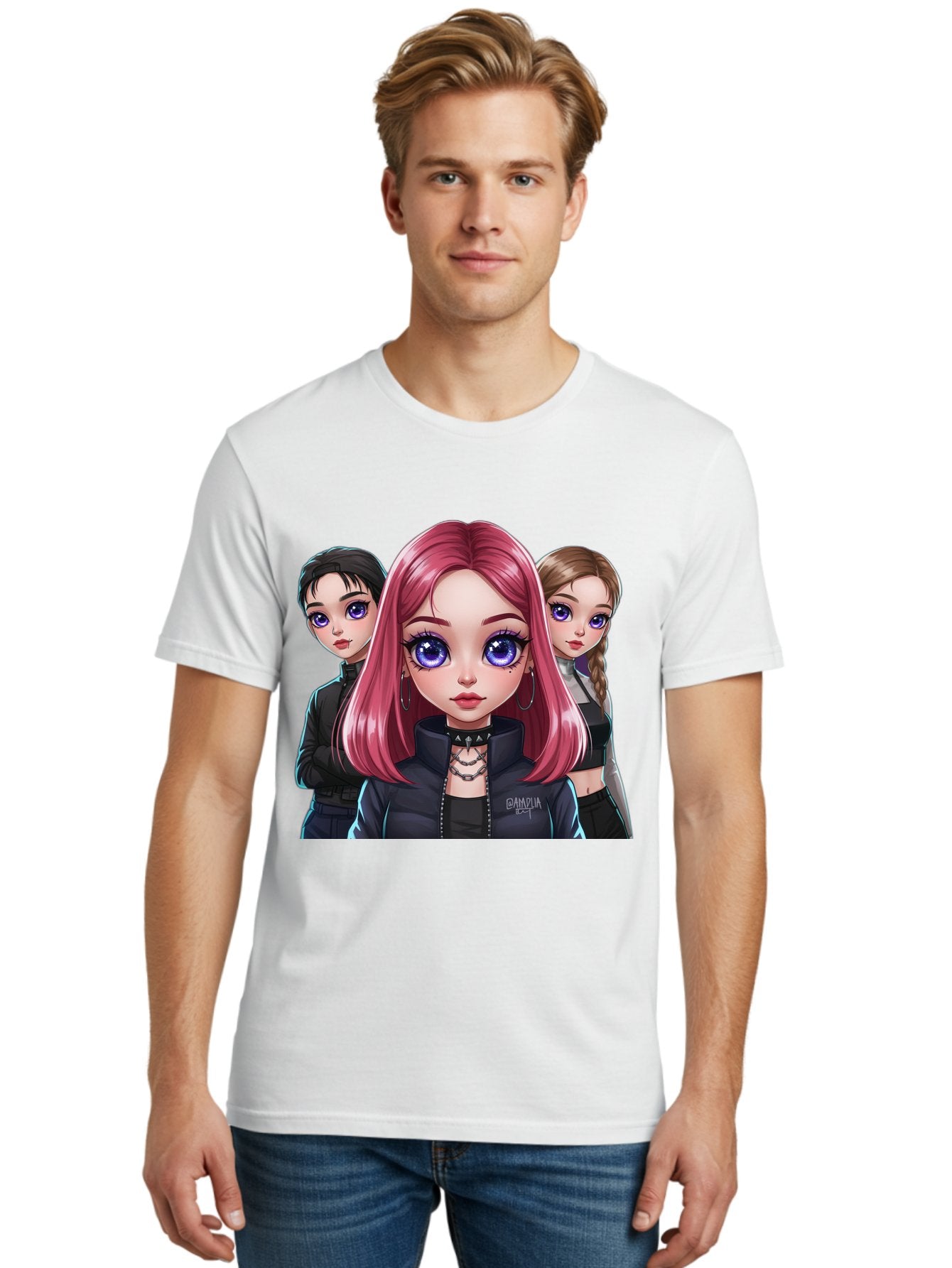 Gagwin Men'S Graphic Tee, 100% Cotton, Comfortable Casual Summer Wear, Machine Washable, Anime Style Illustration, Pink Haired Girl, Blue Eyes, Edgy Fashion, Bold Makeup, Gothic Style, Futuristic Clothing, Choker Necklace, Group Portrait, Bab936 27