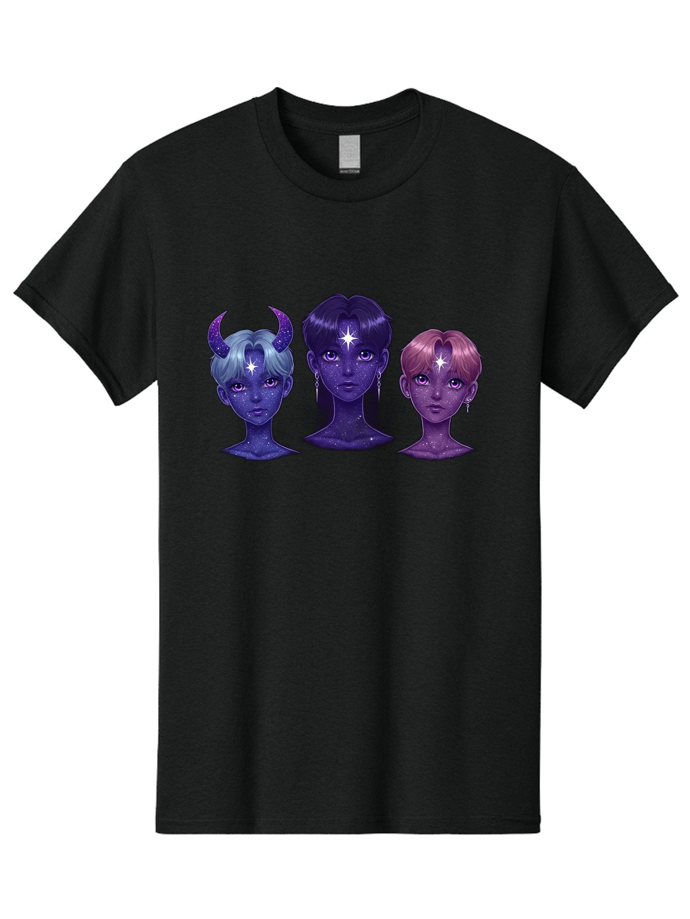 Galactic-K-Pop-Idols Men'S Graphic Tee, 100% Cotton, Comfortable Casual Summer Wear, Machine Washable, K-Pop Idols, Purple Skin Tone, Starry Faces, Horns On Head, Cartoon Style, Galaxy Inspired, Vibrant Hairstyles, Bold Earrings, Bab937 13