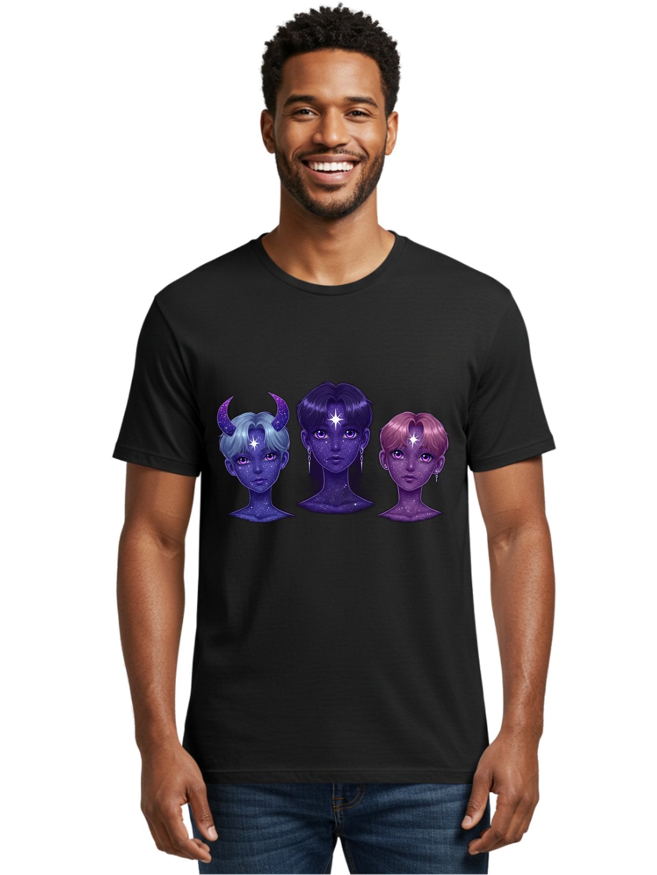 Galactic-K-Pop-Idols Men'S Graphic Tee, 100% Cotton, Comfortable Casual Summer Wear, Machine Washable, K-Pop Idols, Purple Skin Tone, Starry Faces, Horns On Head, Cartoon Style, Galaxy Inspired, Vibrant Hairstyles, Bold Earrings, Bab937 20