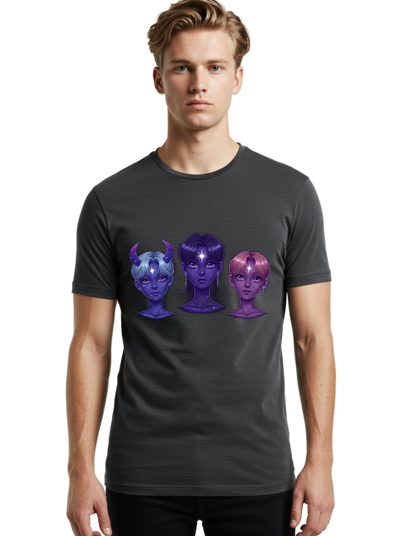 Galactic-K-Pop-Idols Men'S Graphic Tee, 100% Cotton, Comfortable Casual Summer Wear, Machine Washable, K-Pop Idols, Purple Skin Tone, Starry Faces, Horns On Head, Cartoon Style, Galaxy Inspired, Vibrant Hairstyles, Bold Earrings, Bab937 28